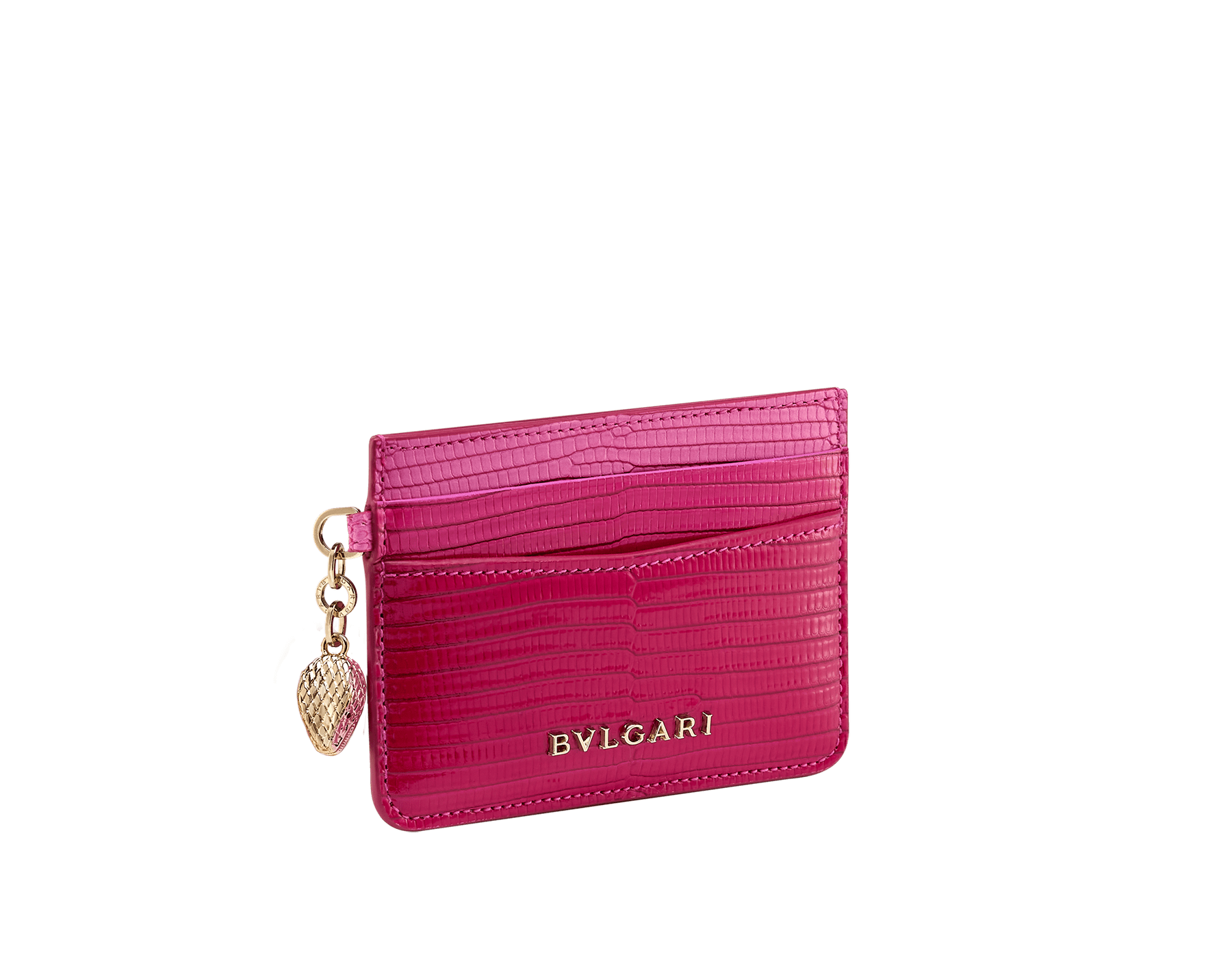 Serpenti Forever card holder in beetroot spinel fuchsia dégradé lizard skin. Captivating snakehead charm in light gold-plated brass embellished with red enamel eyes. SEA-CC-HOLDER-LD image 1