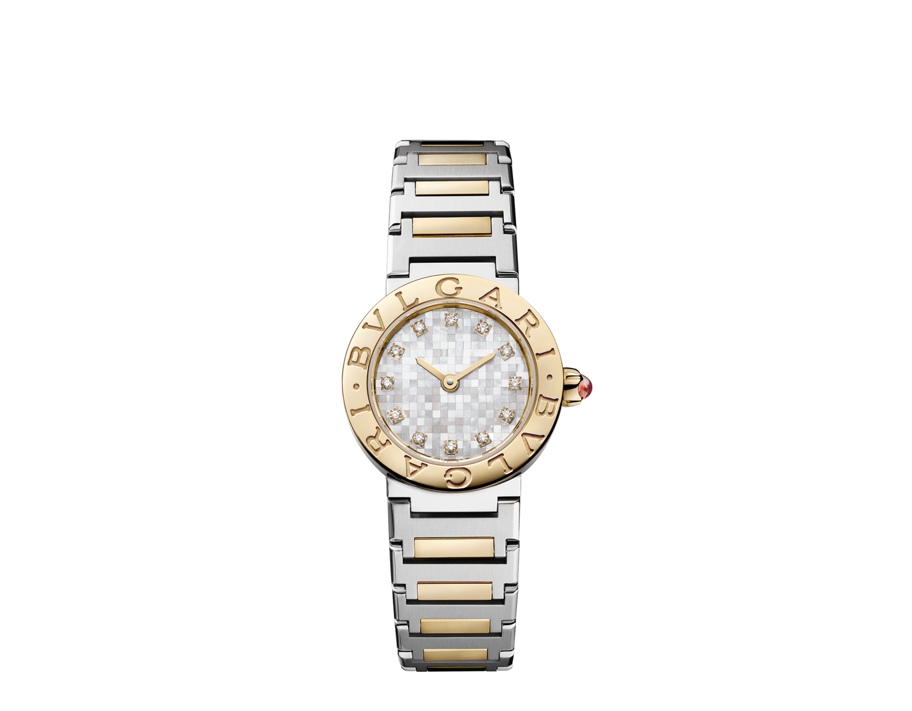 Bvlgari Bvlgari watch in 18 kt yellow gold and polished and satin-brushed stainless steel, double logo engraving on the bezel, white mother-of-pearl mosaic dial and 12 diamond indexes. Water-resistant up to 30 metres 104277 image 1