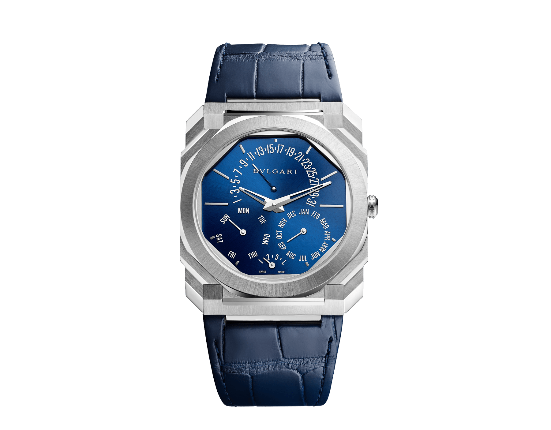 Octo Finissimo Perpetual Calendar watch with 40 mm satin-polished platinum case, 5,80 mm thick, transparent case back, satin-polished white gold crown with black ceramic insert, blue lacquered dial, blue alligator strap with platinum pin buckle. BVL 305 manufacture ultra-thin automatic winding mechanical movement with perpetual calendar, day, month, retrograde date and retrograde leap year, 2,75 mm thick, 60-hour power reserve, 21'600 Vph (3 Hz) frequency. Water resistant to 3 ATM. 103463 image 1