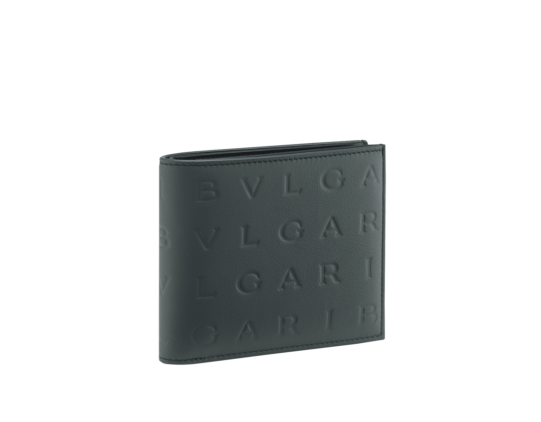 Bvlgari Logo bifold wallet in ivory opal calf leather with hot stamped Infinitum Bvlgari logo pattern and plain black nappa leather lining. Palladium-plated brass hardware. BVL-BIFOLDWALLET image 1