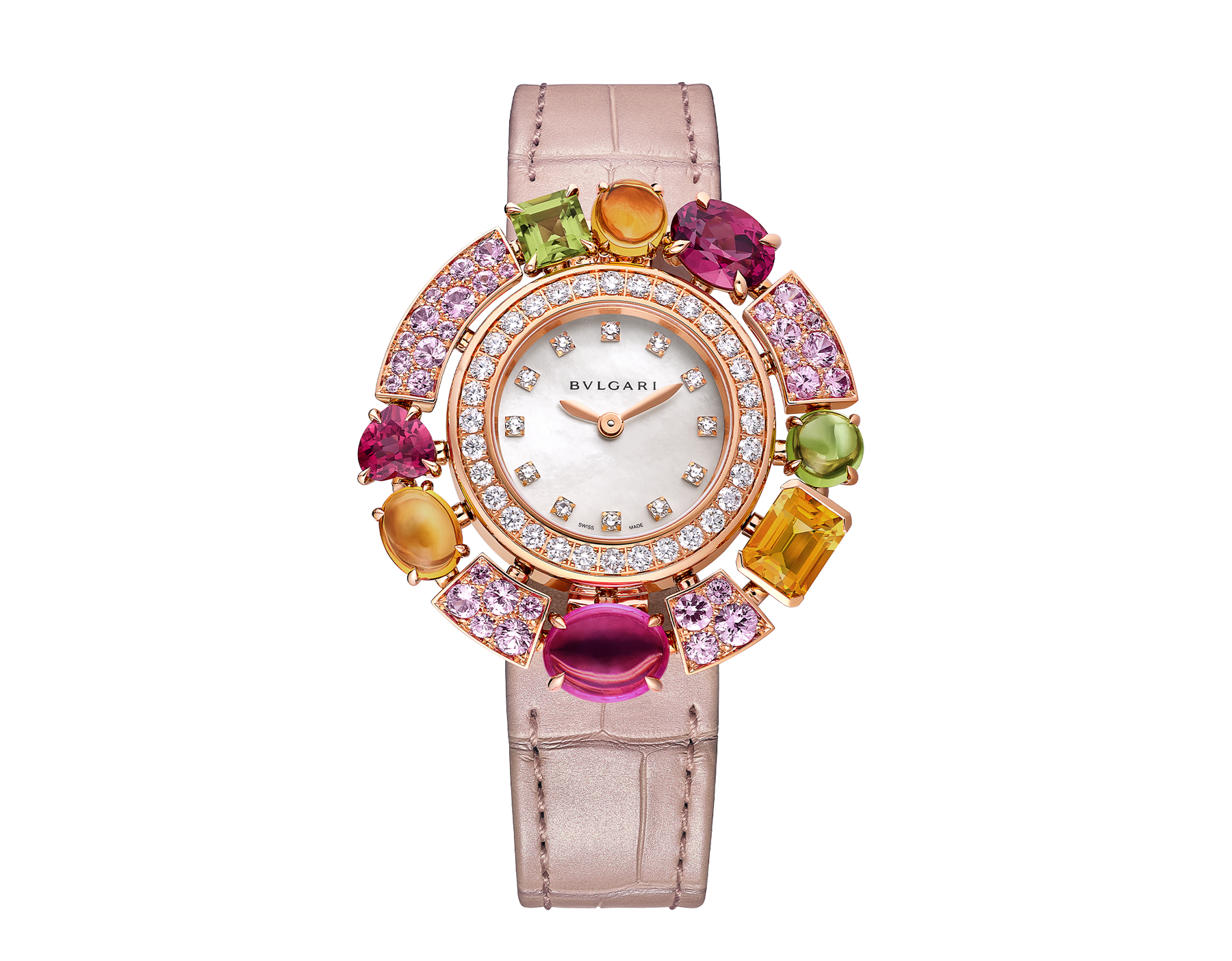 Allegra watch with 18 kt rose gold case set with brilliant-cut diamonds and 32 pink sapphires, 1 pink tourmaline, 3 citrines, 2 dark pink rhodolite and 2 peridots, mother-of-pearl dial, 12 diamond indexes and light pink iridescent alligator bracelet. Water resistant up to 30 meters 103713 image 1