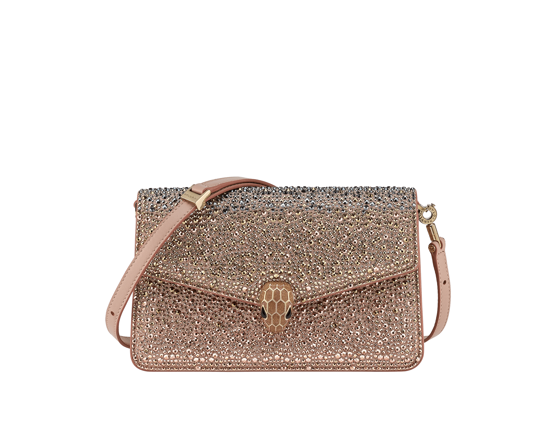 Serpenti Forever East-West small shoulder bag in desert rose suede with multi-sized dégradé rose gold crystals and desert quartz pink nappa leather lining. Captivating snakehead magnetic closure in light gold-plated brass embellished with "diamantatura" engraving on the scales, and black onyx eyes. Chinese New Year Special Edition. 293035 image 1