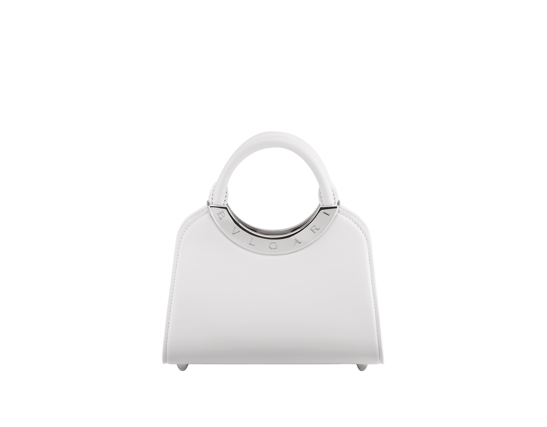 Bvlgari Roma mini top handle bag in flash diamond white Metropolitan calf leather with milky opal nappa leather lining. Iconic metal detail in palladium-plated brass engraved with the Bvlgari logo, and magnetic press-button closure. BVR-001-1310XS-CALF image 1