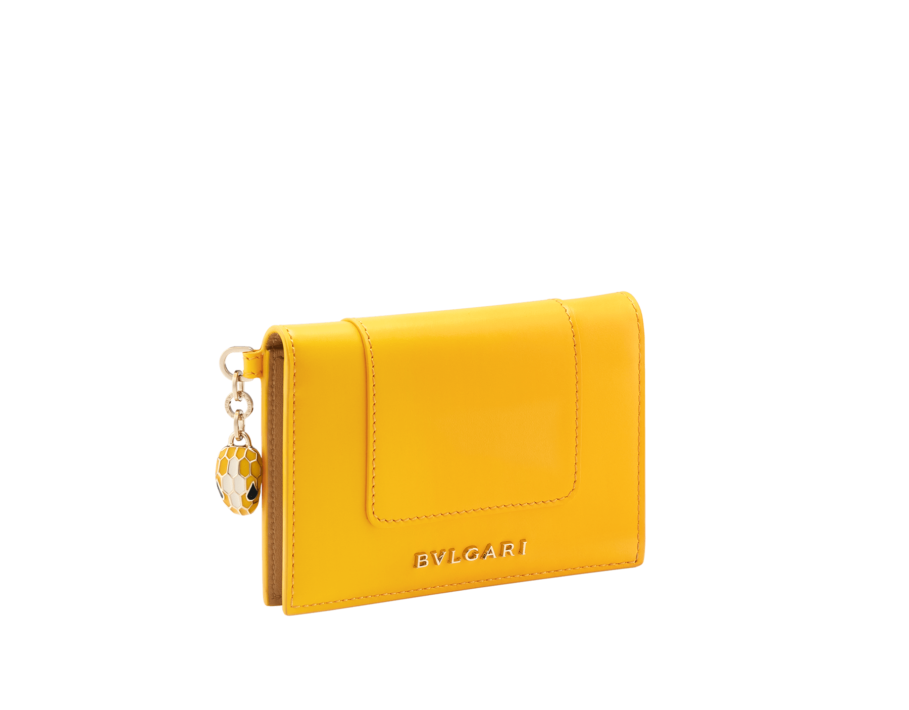 Serpenti Forever folded card holder in coral carnelian orange calf leather with flamingo quartz pink nappa leather interior. Captivating light gold-plated brass snakehead charm with red enamel eyes, and press-stud closure. SEA-CC-HOLDER-FOLD-Cla image 1
