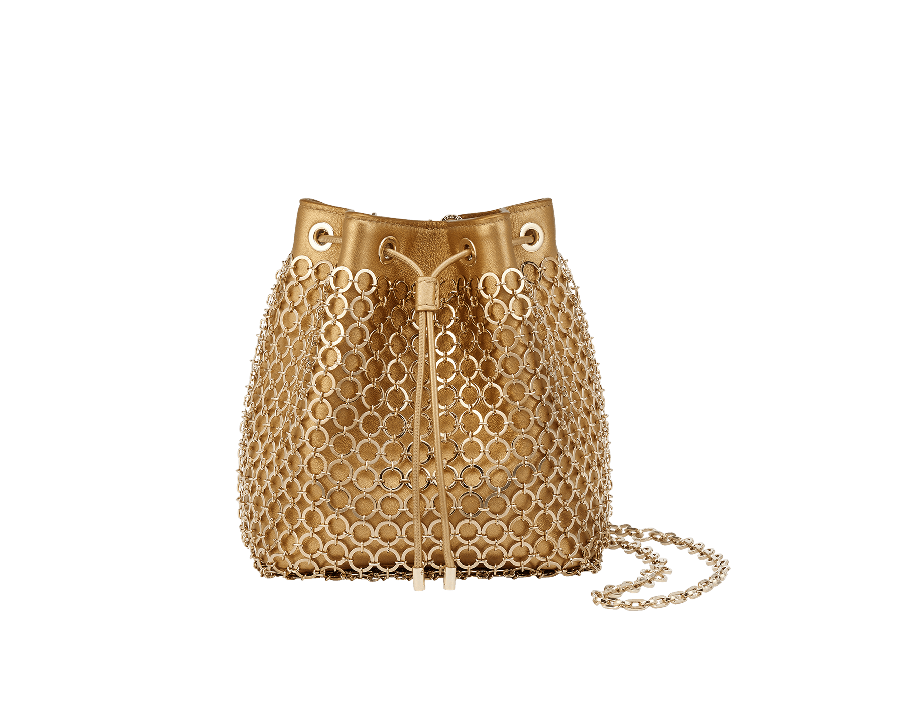 Serpenti Forever mini bucket bag in light gold calf leather with light-gold plated brass heritage mesh. 291696 image 1