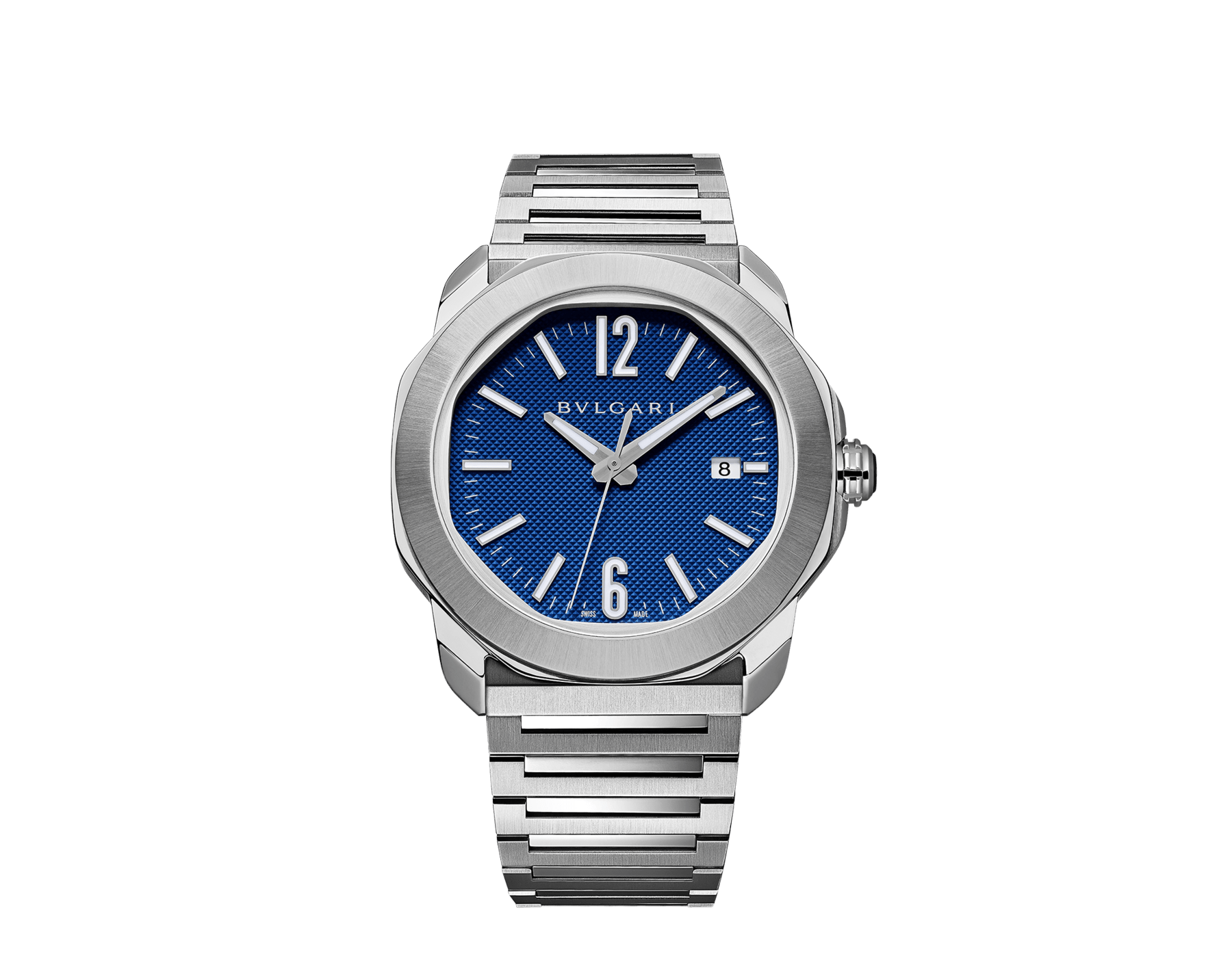 Octo Roma Automatic watch with mechanical manufacture movement, automatic winding, satin-brushed and polished stainless steel case and interchangeable bracelet, blue Clous de Paris dial. Water-resistant up to 100 meters. 103739 image 1