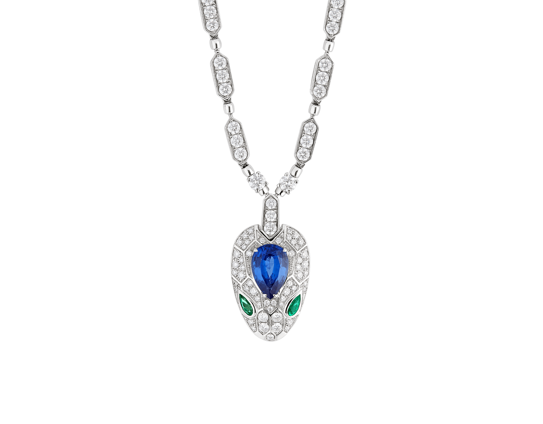 Serpenti 18 kt white gold necklace set with a blue sapphire on the head, emerald eyes and pavé diamonds 355354 image 1