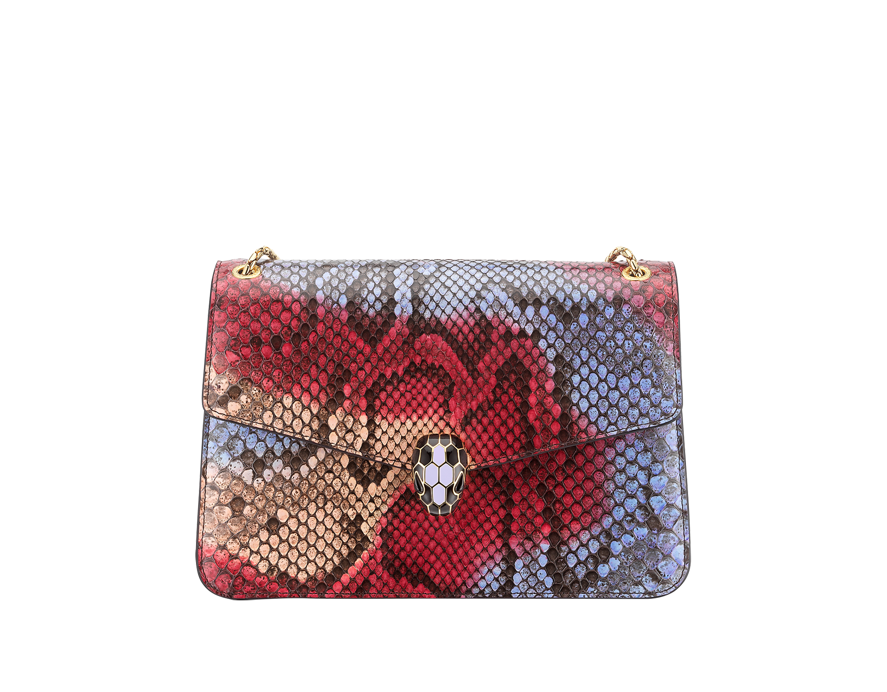 “Serpenti Forever” shoulder bag in multicolour "Chimera" python skin with Lavender Amethyst lilac nappa leather inner lining. Alluring snakehead closure in gold-plated brass enriched with black and Lavender lilac enamel, and black onyx eyes 290739 image 1