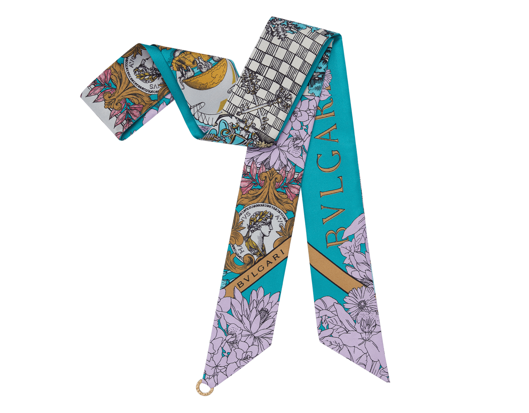 Bvlgari Alchemist 絲巾，採用上等海洋綠松石色斜紋絲，飾以 BVLGARI BVLGARI 金屬吊墜。100% 純絲製作而成。 246230 image 1