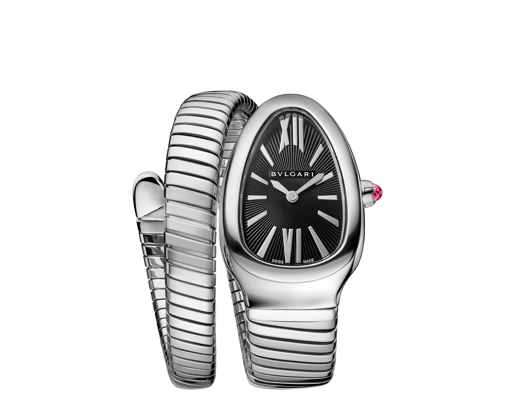 Serpenti Tubogas Uhr mit einfach geschwungenem Armband, Gehäuse und Armband aus Edelstahl und schwarzem Opalin-Zifferblatt. SrpntTubogas-black-dial2 image 1