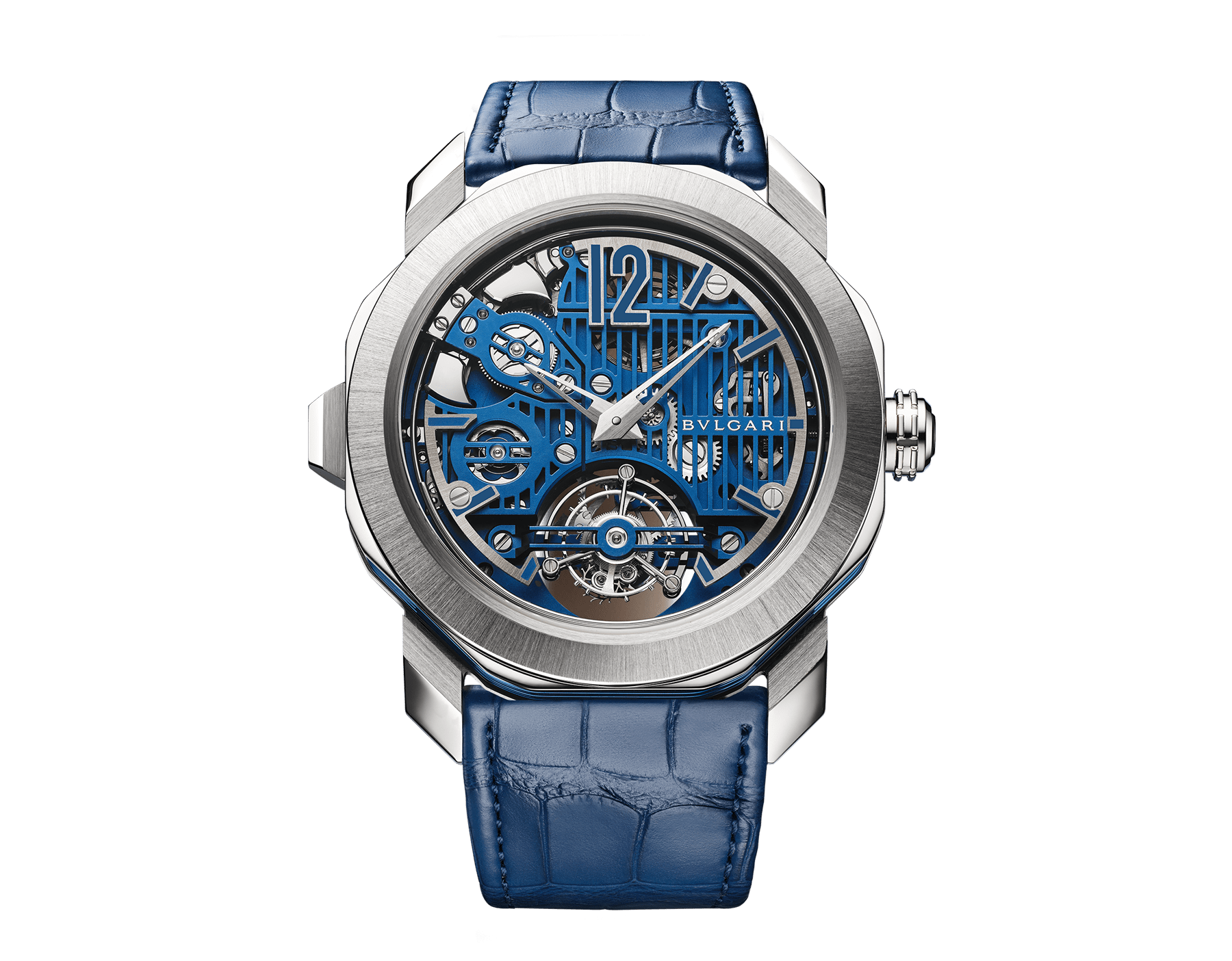 Octo Roma Carillon Tourbillon watch with mechanical manufacture movement, manual winding, openwork bridges, minute repeater, 3-hammer carillon and tourbillon. Platinum case, skeletonised dial, transparent case back and blue rubberised alligator bracelet. Water-resistant up to 30 metres. Limited edition of 30 pieces. 103627 image 1