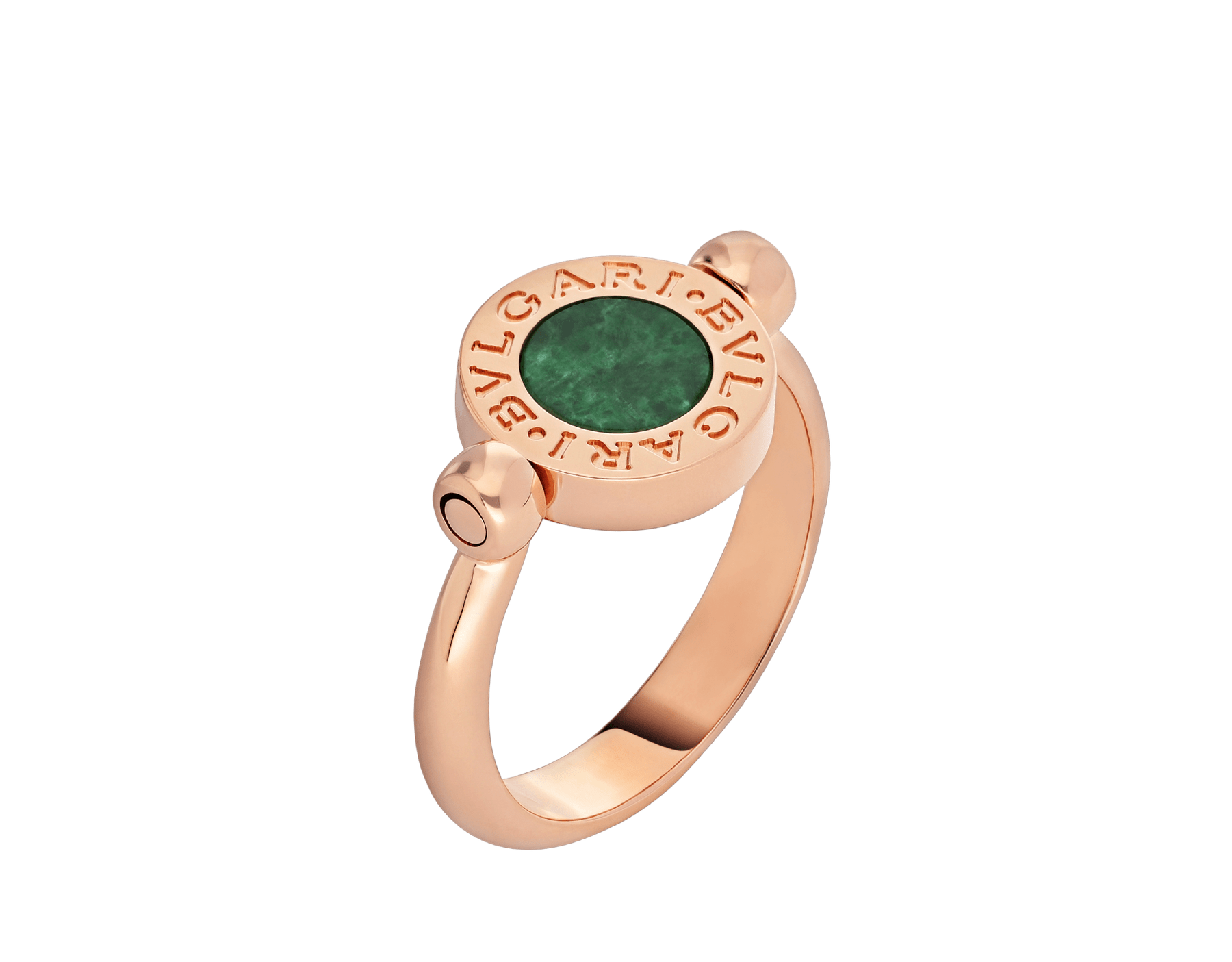 Grown from the Roman roots of the brand into an elegant fusion of culture and modernity, the BVLGARI BVLGARI ring is an effervescent, contemporary statement of classiness. The trademark double logo was initially inspired by the curved inscriptions on ancient coins, whilst today it has evolved into playful interpretations, framing multicoloured hard gemstones and pavé diamonds in one single jewel for a double wearability. <br> BVLGARI BVLGARI 18 kt rose gold flip ring with jade and pavé diamonds. AN859222 image 1