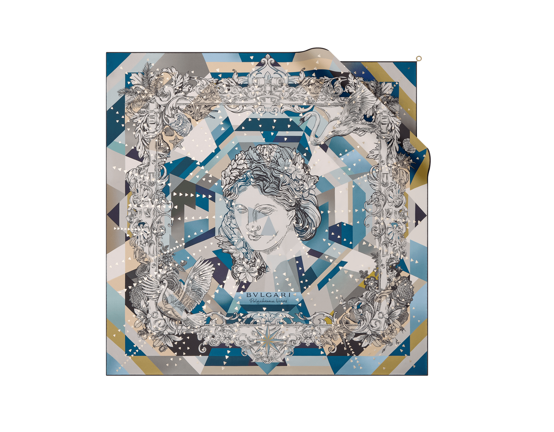 Polychroma Shine scarf in fine natural silk twill with a BVLGARI BVLGARI metal pendant. Made of 100% silk. POLYCHROMASHINE-SQ image 1