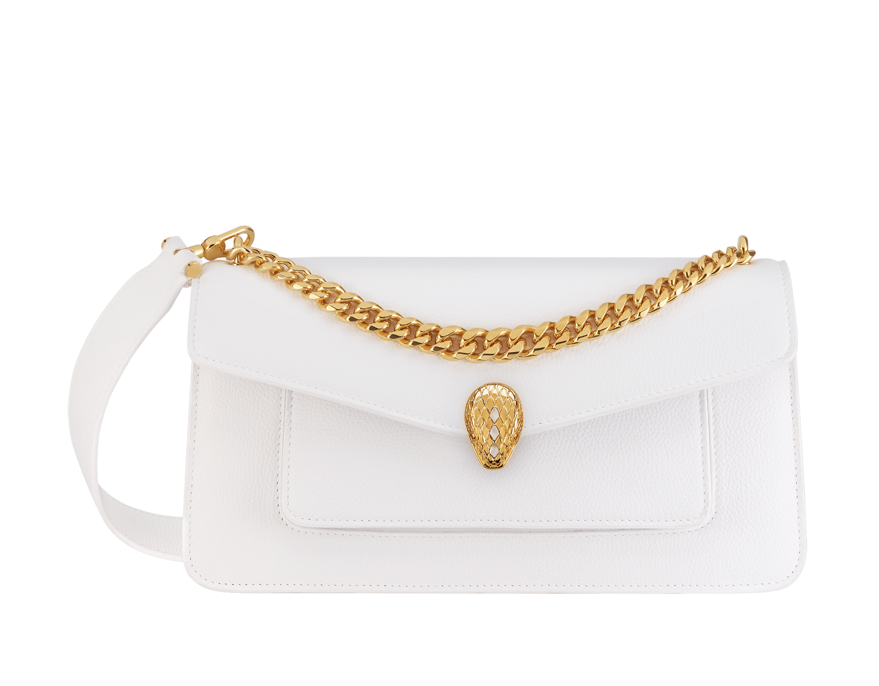 Serpenti East-West Maxi Chain medium shoulder bag in foggy opal gray Metropolitan calf leather with linen agate beige nappa leather lining. Captivating snakehead magnetic closure in gold-plated brass embellished with gray agate scales and red enamel eyes. SEA-1238-MCCL image 1