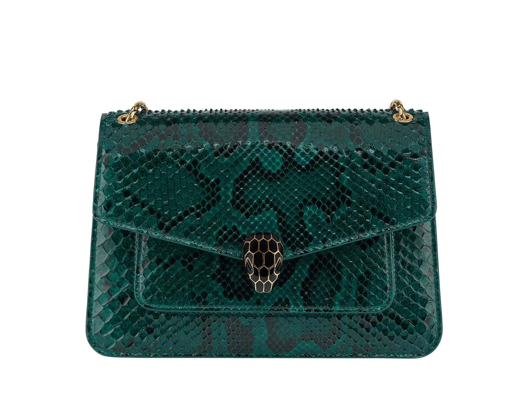 Serpenti Forever medium shoulder bag in Forest Emerald green shiny python skin with black nappa leather lining. Captivating snakehead press button closure in gold-plated brass embellished with black enamel scales, and black onyx eyes. 292580 image 1