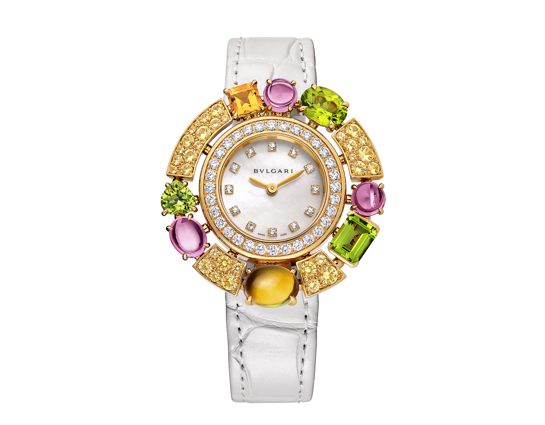 Allegra watch with 18 kt rose gold case set with brilliant-cut diamonds, 32 yellow sapphires, 3 pink tourmalines, 2 citrines and 3 peridots, mother-of-pearl dial, 12 diamond indexes and a white iridescent alligator bracelet. Water-resistant up to 30 meters 103714 image 1