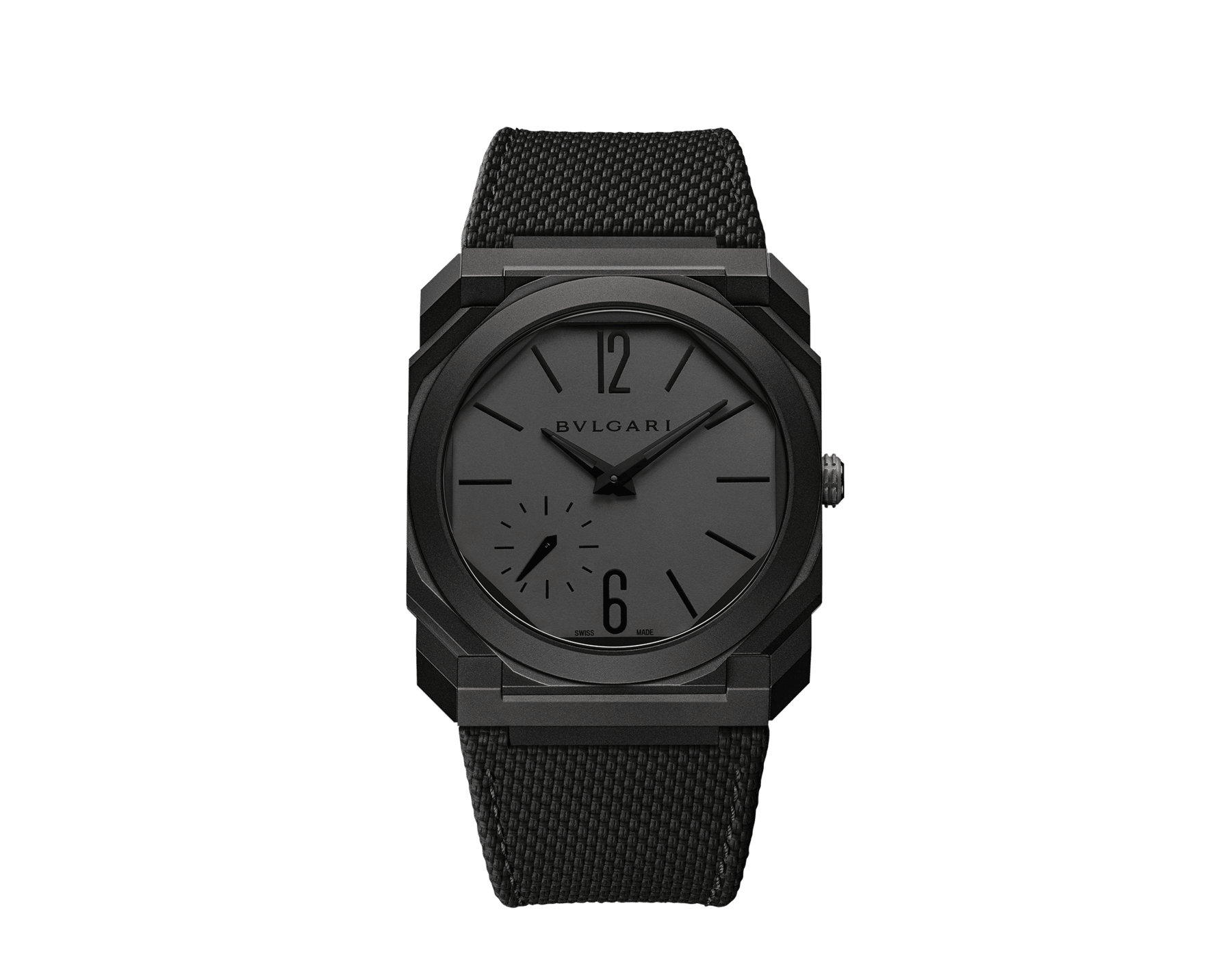 Octo Finissimo Automatic watch with mechanical manufacture ultra-thin movement (2.23 mm thin), automatic winding, platinum microrotor, black DLC-coated sandblasted titanium case, black dial, hands and indexes, and black rubber bracelet. Water-resistant up to 30 metres. 104268 image 1