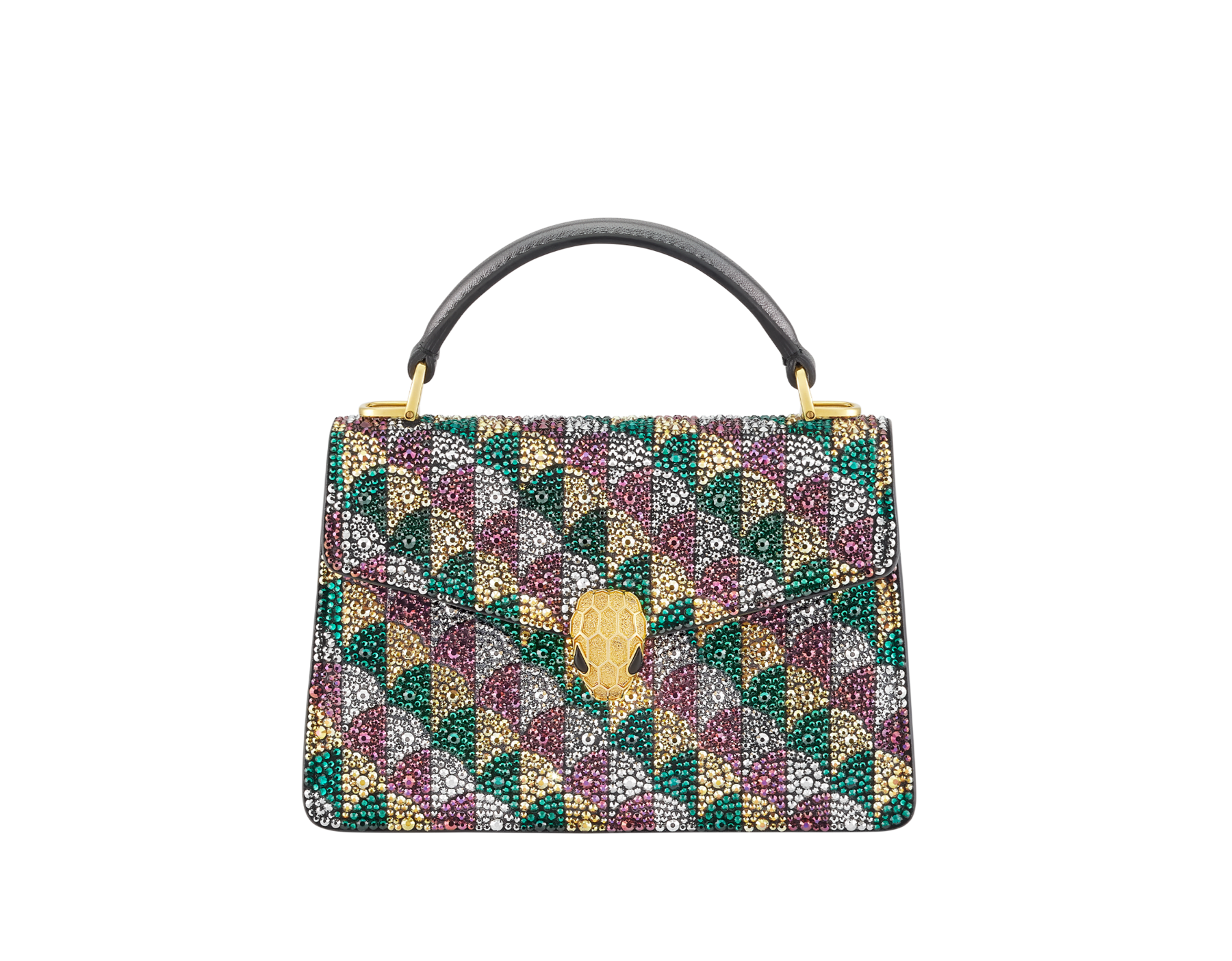 Sac à main Serpenti Forever mini modèle avec cristaux Calla multicolores et doublure en cuir nappa noir. Captivant fermoir magnétique Serpenti en laiton doré rehaussé d’écailles à gravure taille diamant, avec des yeux en onyx noir. SEA-001-1283XS-crys image 1