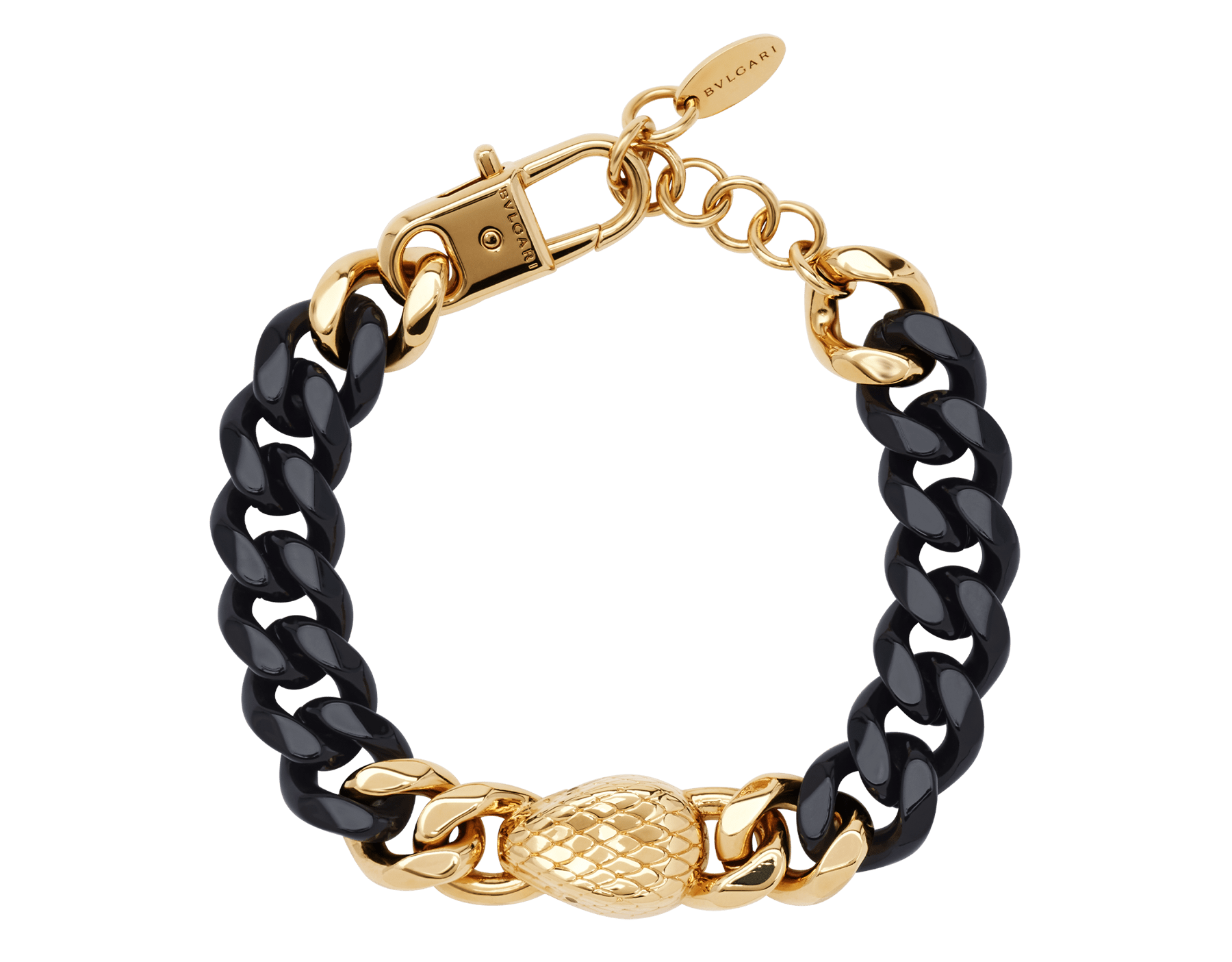 Serpenti Forever Maxi Chain bracelet in gold-plated brass with partial black enamel. Captivating snakehead embellishment with red enamel eyes in the middle, and adjustable closure. SERP-CHUNKYCHAIN image 1