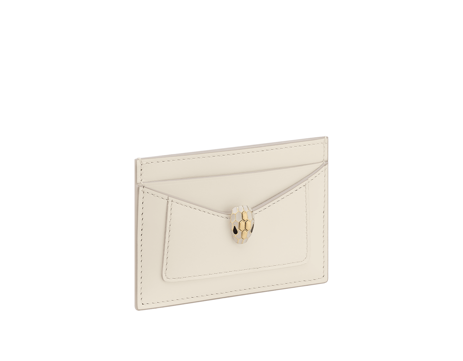 Serpenti Forever card holder in light gold Striated calf leather. Captivating snakehead décor in light gold-plated brass embellished with champagne enamel and light gold-plated brass scales, and black enamel eyes. SEA-CC-HOLDER-R image 1