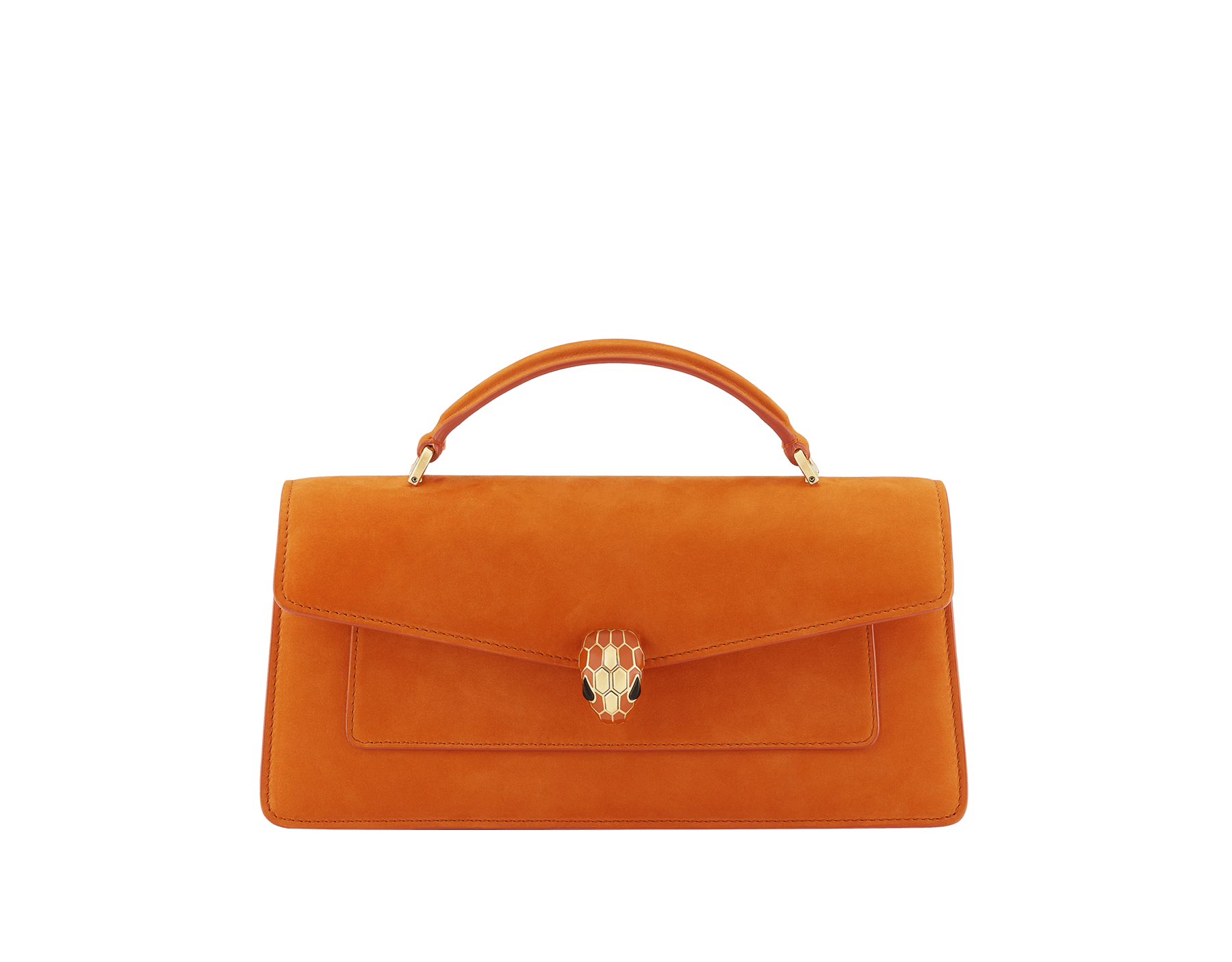 Serpenti Forever Elongated Henkeltasche aus Nubukleder in Terracotta mit Futter aus Nappaleder in Terracotta. Faszinierender Schlangenkopf-Magnetverschluss aus hell vergoldetem Messing mit Schuppen aus Emaille in Terracotta und vergoldetem Messing sowie Augen aus schwarzem Onyx. 295620 image 1