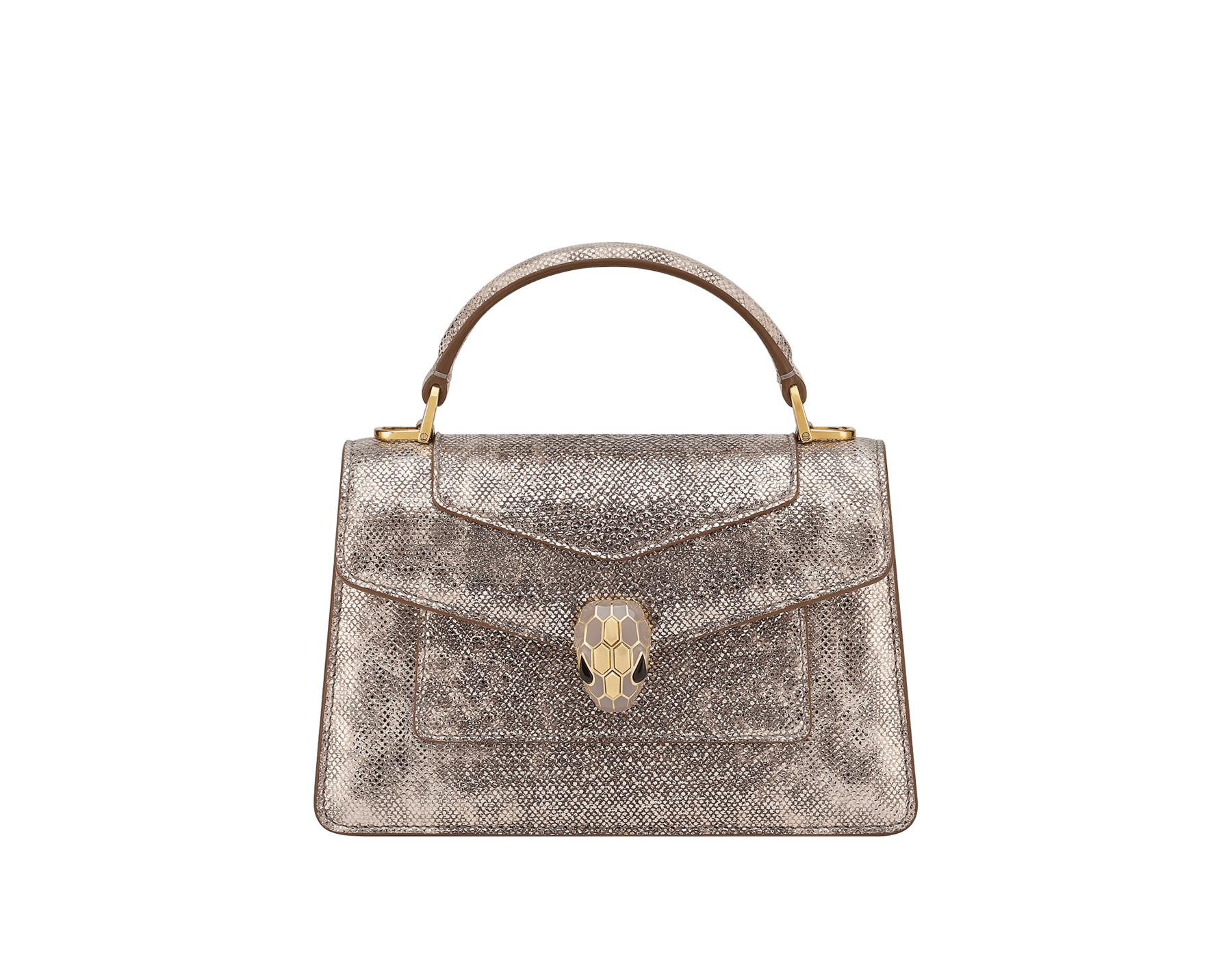 Mini borsa a mano Serpenti Forever in karung Pure verde giallastro con fodera in nappa rosa cristallo. Accattivante chiusura magnetica Serpenti in ottone placcato oro chiaro con squame in smalto verde giallastro e ottone placcato oro chiaro e occhi in onice nera. SEA-1283-EX image 1