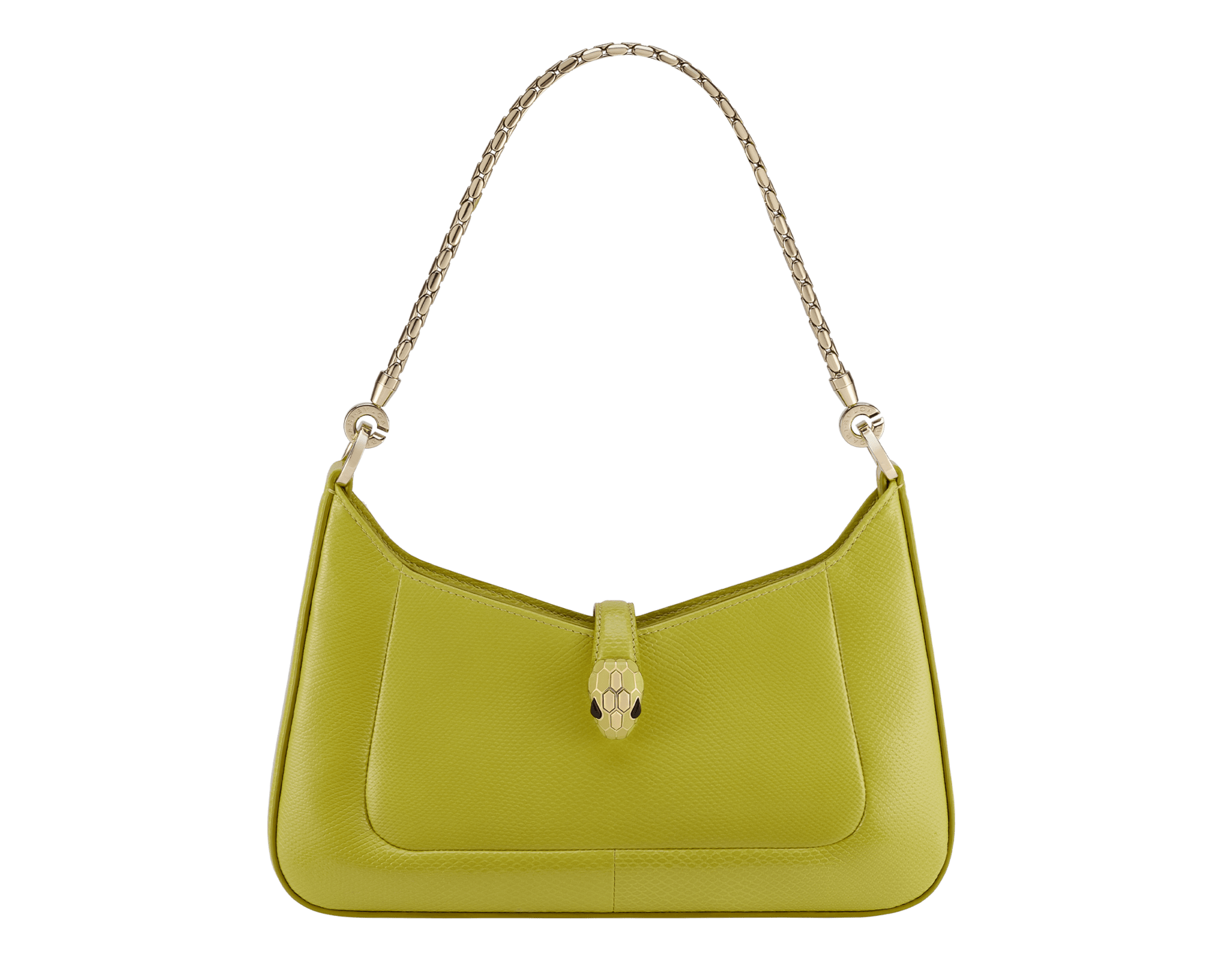 Sac porté épaule Serpenti Baia petit modèle en karung Pure couleur jaune-vert péridot tilleul avec doublure en cuir nappa rose cristal. Captivant fermoir magnétique Serpenti en laiton doré clair rehaussé d'émail couleur jaune-vert péridot tilleul. Les écailles en laiton doré clair sont contrastées par des yeux en onyx noir. Une fermeture zippée supplémentaire sur le dessus complète le modèle. 293744 image 1
