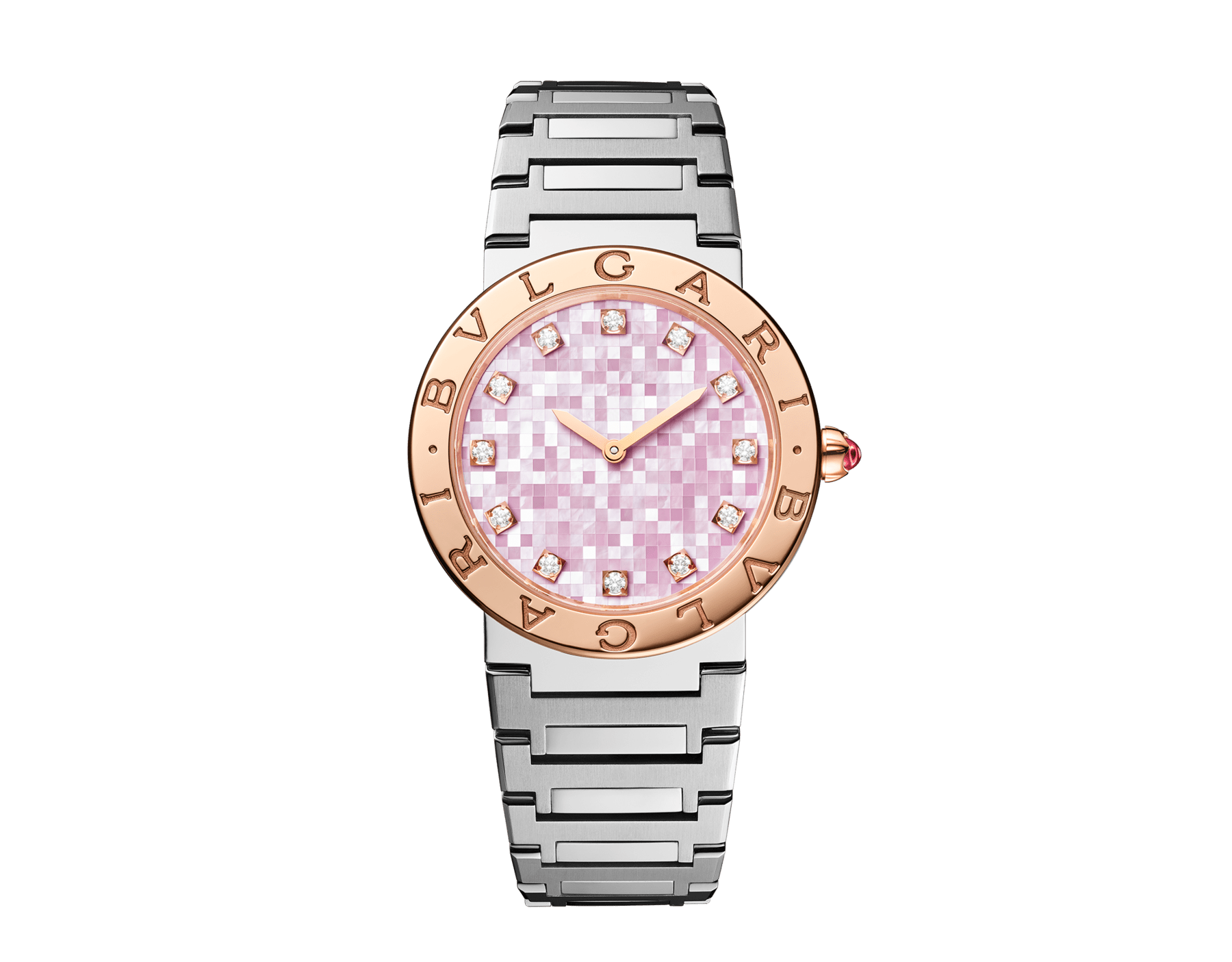 Bvlgari Bvlgari 腕錶，採用拋光及緞面髮絲紋精鋼材質，搭配 18K 玫瑰金錶圈，鐫刻雙品牌標誌，粉紅色珍珠母貝錶盤，12 個鑽石時標。防水深度 30 公尺。 104319 image 1
