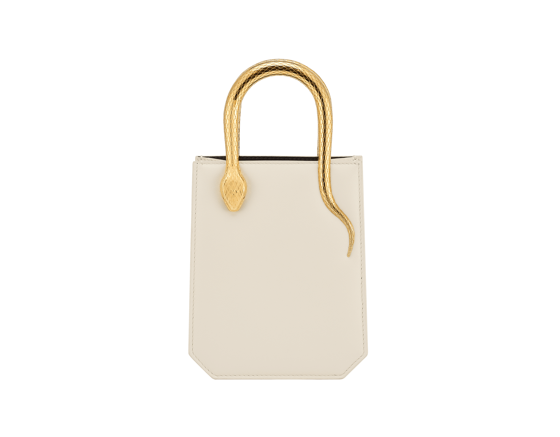 Serpentine mini tote bag in ivory opal Metropolitan calf leather with black nappa leather lining. Captivating snake body-shaped handles in gold-plated brass embellished with engraved scales and red enamel eyes. SRN-1223-CL image 1