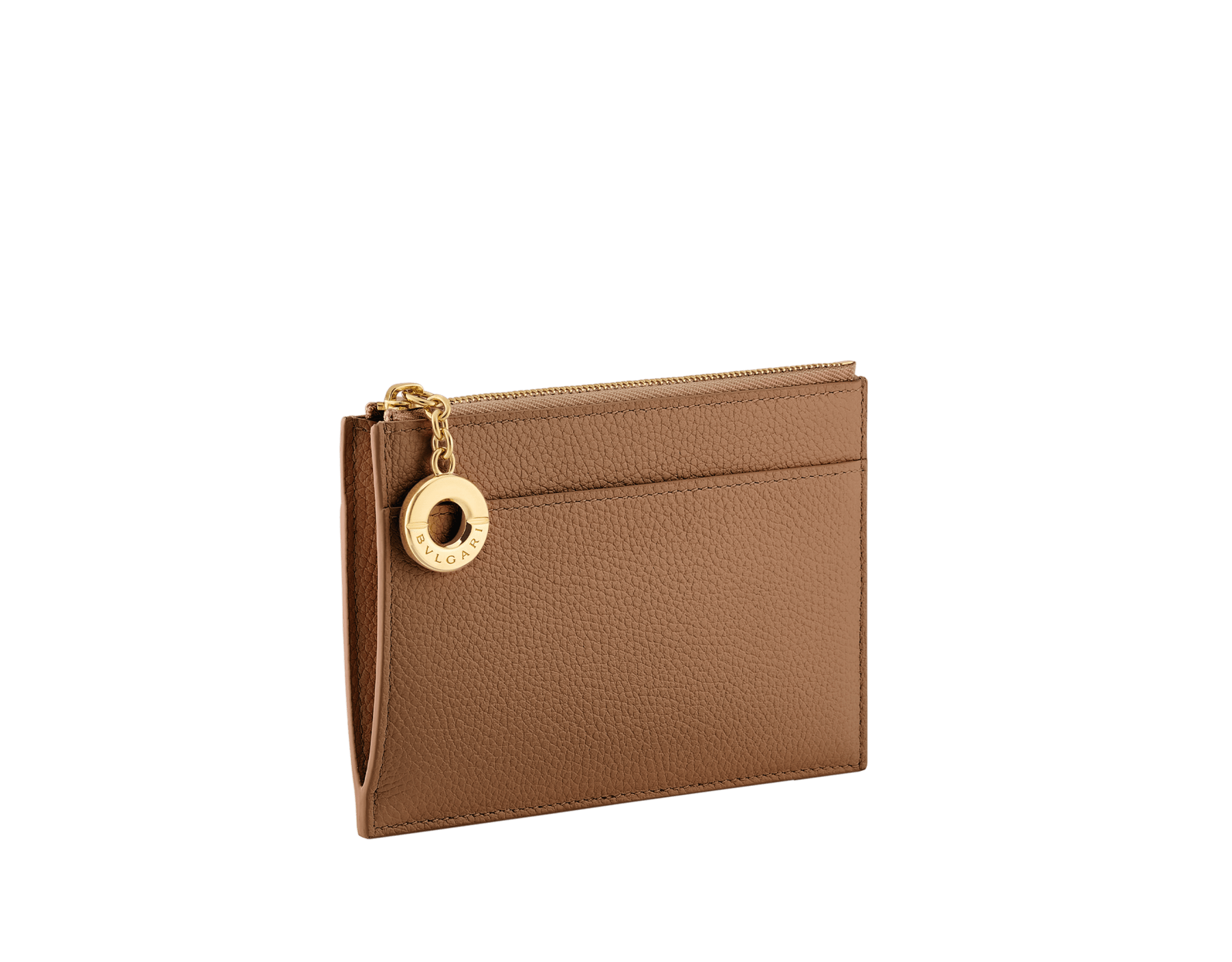 Bvlgari Roma zipped card holder in Bright Travertino soft drummed calf leather with Bright Travertino nappa leather interior. Zip closure with iconic light gold-plated brass zip puller engraved with the Bvlgari logo. BVR-ZIP-CCHOLDER image 1