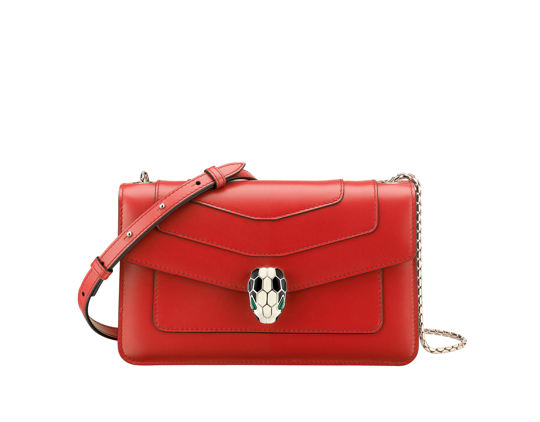 “Serpenti Forever ” crossbody bag in carmine jasper calf leather. Iconic snakehead closure in light gold plated brass enriched with black and white enamel and green malachite eyes 287020 image 1