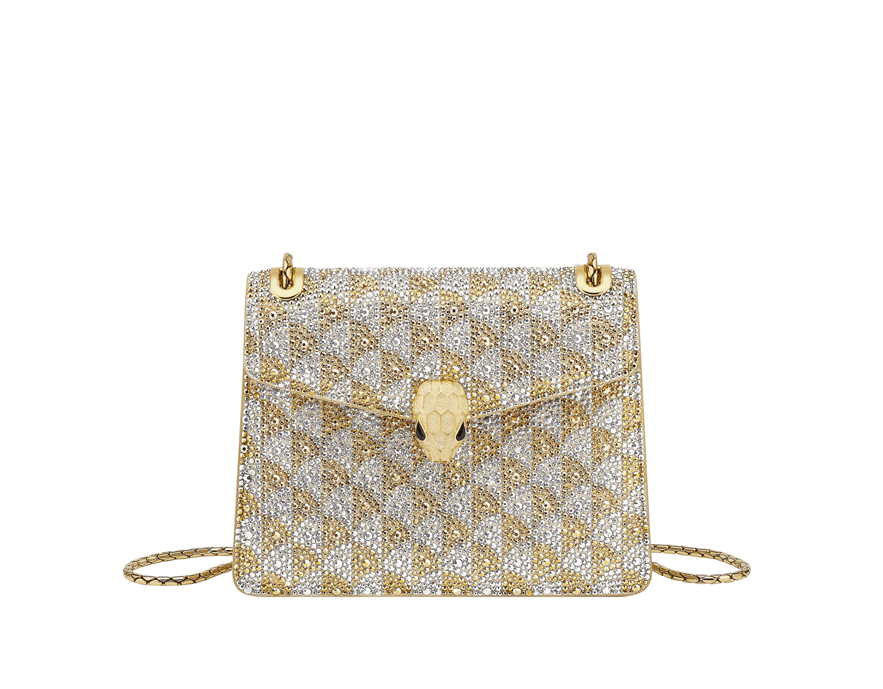 Piccola borsa a spalla Serpenti Forever Day-to-Night con motivo Calla realizzato con cristalli oro e argento applicati su pelle scamosciata e fodera in nappa beige travertino. Accattivante chiusura magnetica Serpenti in ottone placcato oro con squame diamantate e occhi in onice nera. 295275 image 1