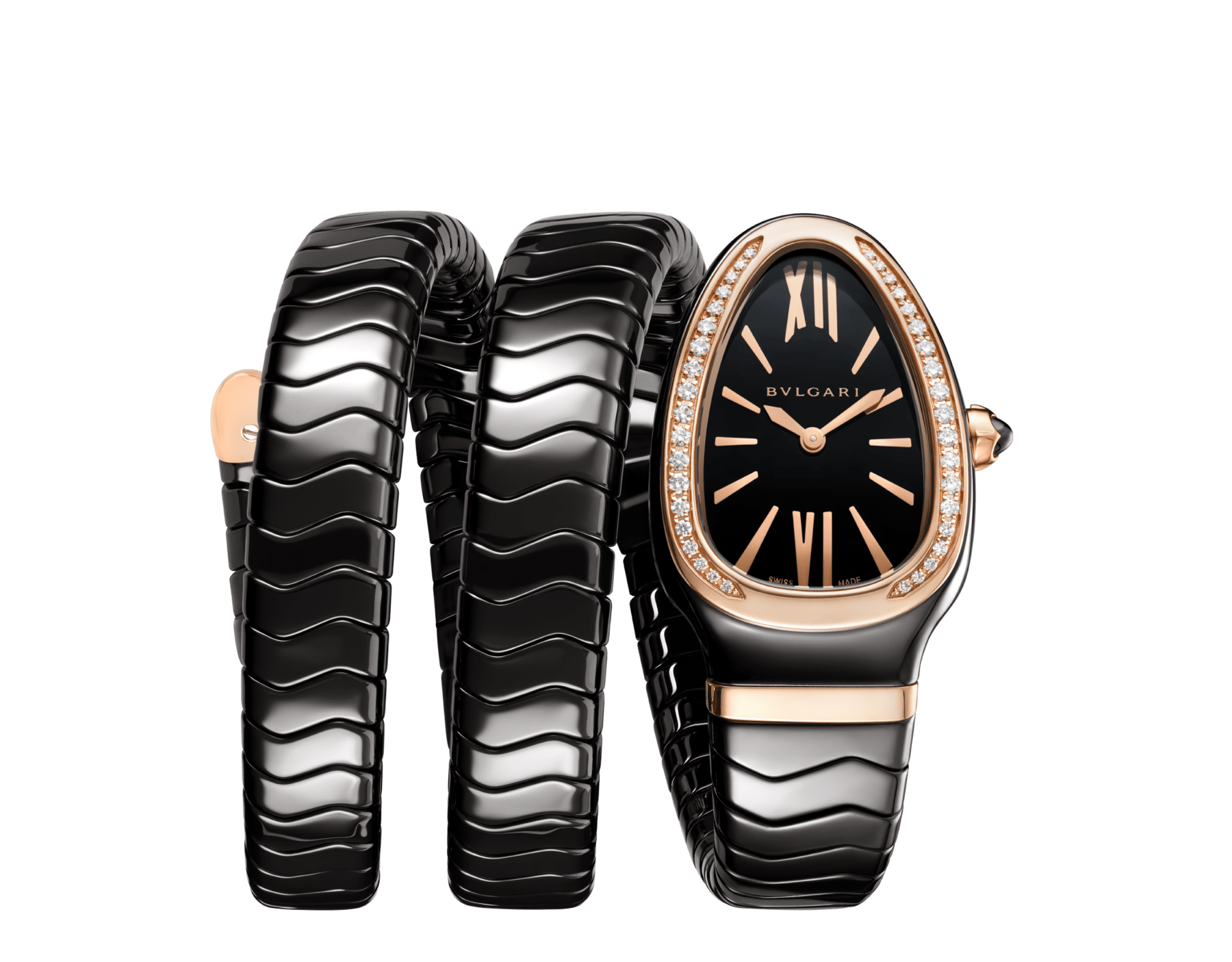 Serpenti Spiga 腕錶，黑色陶瓷錶殼，18K 玫瑰金錶圈鑲飾鑽石，黑色漆面拋光錶盤，黑色雙圈螺旋陶瓷錶帶鑲飾 18K 玫瑰金元素。 102885 image 1