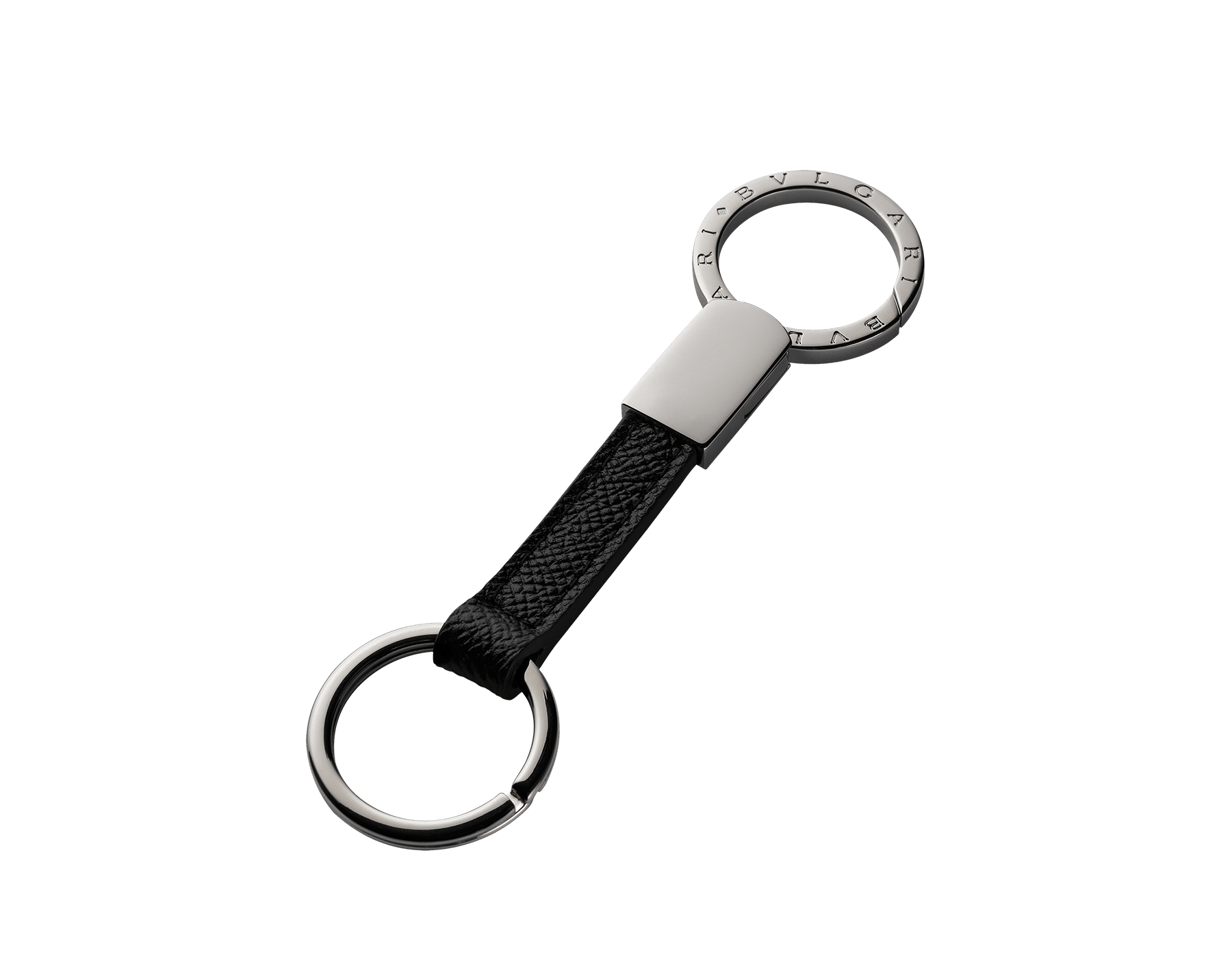 Keyholder in black grain calf leather with brass palladium plated metal parts. Two keyrings and iconic BVLGARI BVLGARI motif. BBM-KEYHOLD-STRAPa image 1