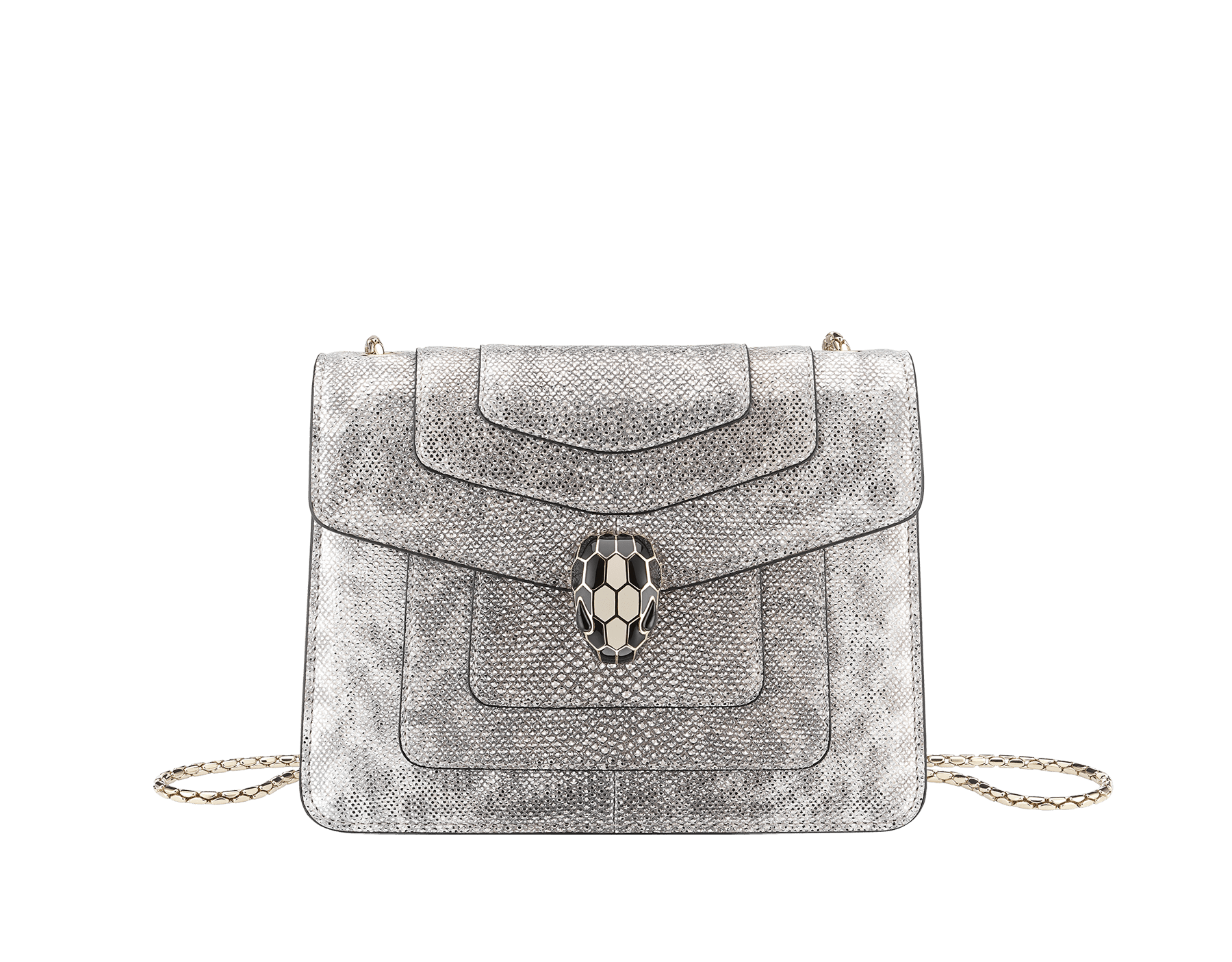 Serpenti Forever small crossbody bag in milky opal beige metallic karung skin with milky opal beige nappa leather lining. Captivating snakehead closure in light gold-plated brass embellished with black and glitter milky opal beige enamel scales and black onyx eyes. 422-MK image 1