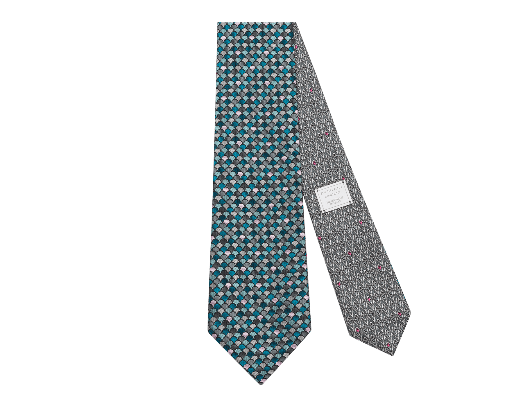 Peacock Diva double-face tie in fine grey and petrol jacquard silk with metal tag. Made of 100% silk. DOUBLE-PEACDIVADT image 1
