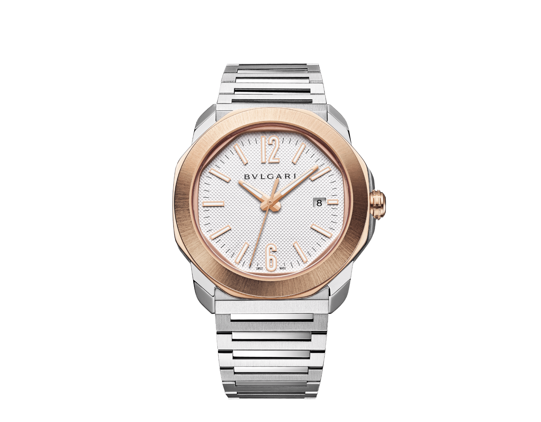 Octo Roma watch in stainless steel with additional interchangeable brown rubber strap, 18 kt rose gold bezel and grey Clous de Paris dial. Mechanical manufacture movement with automatic winding. Water-resistant up to 100 metres. 103928 image 1