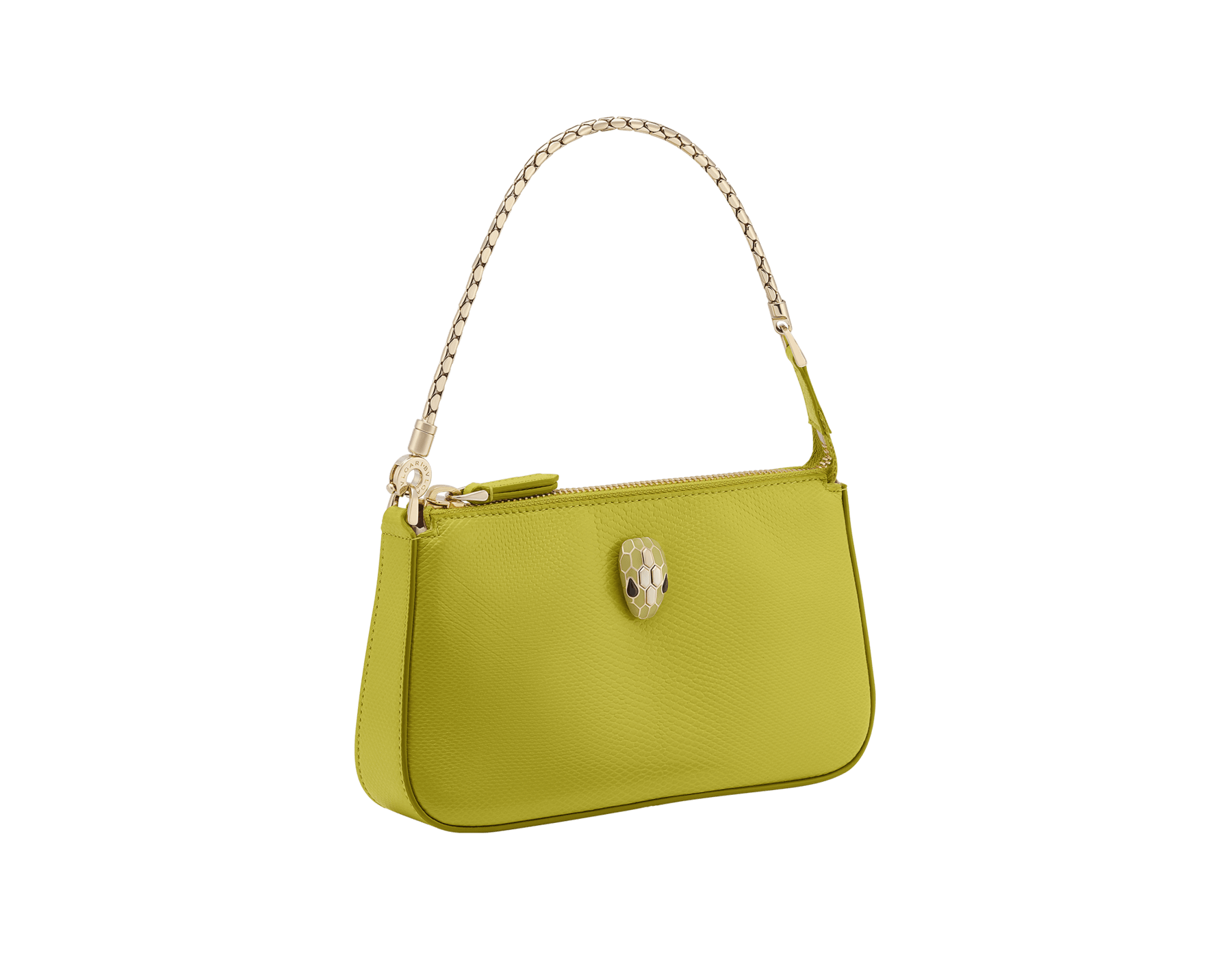 Clutch con catena Serpenti Forever in karung lucido verde giallastro con interno in nappa rosa cristallo. Accattivante motivo Serpenti in ottone placcato oro chiaro con squame in smalto verde giallastro e ottone placcato oro chiaro, occhi in onice nera e chiusura con cerniera. 293920 image 1