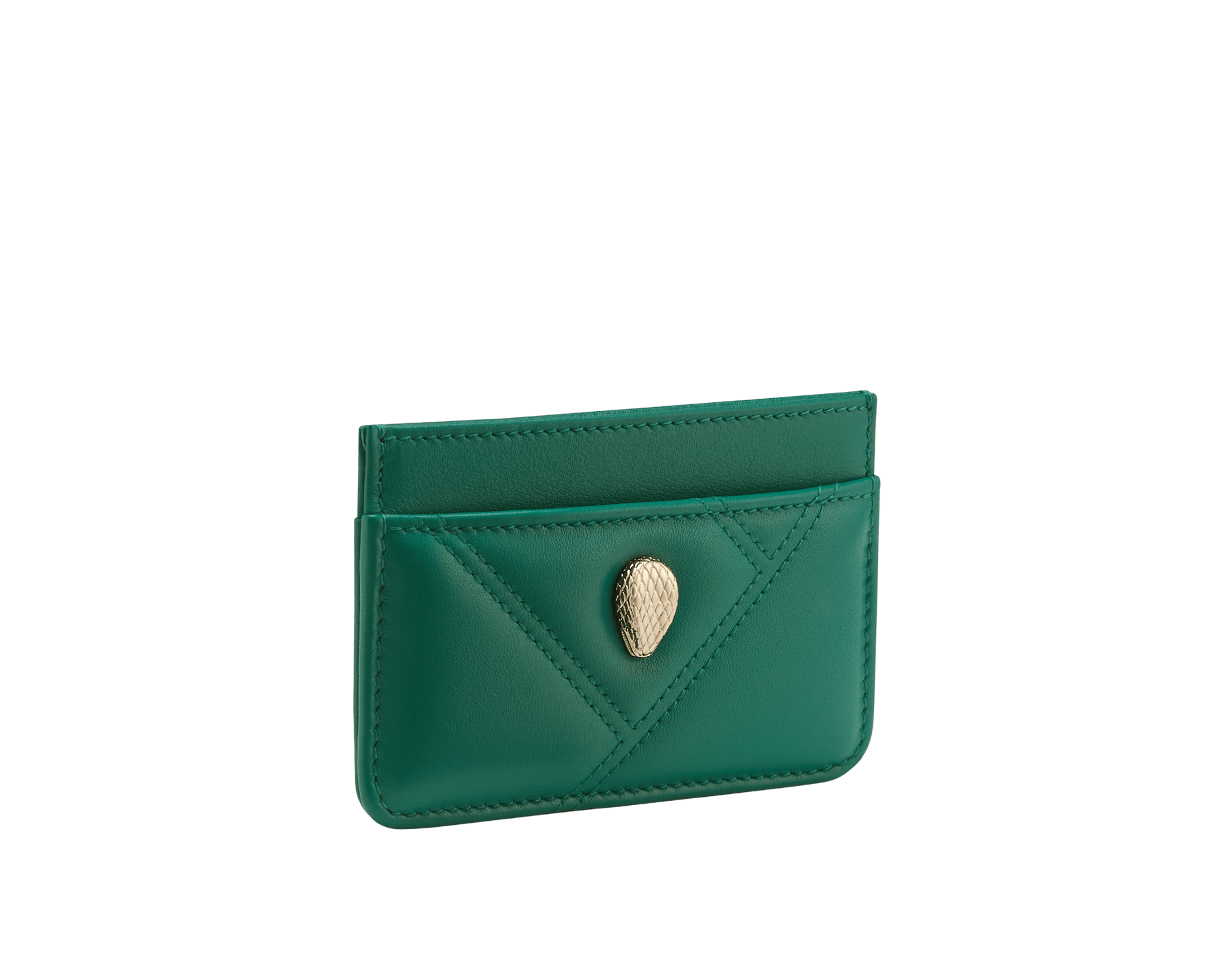 Serpenti Cabochon card holder in black calf leather with maxi matelassé pattern. Captivating snakehead rivet in gold-plated brass embellished with red enamel eyes. SCB-CCHOLDER image 1