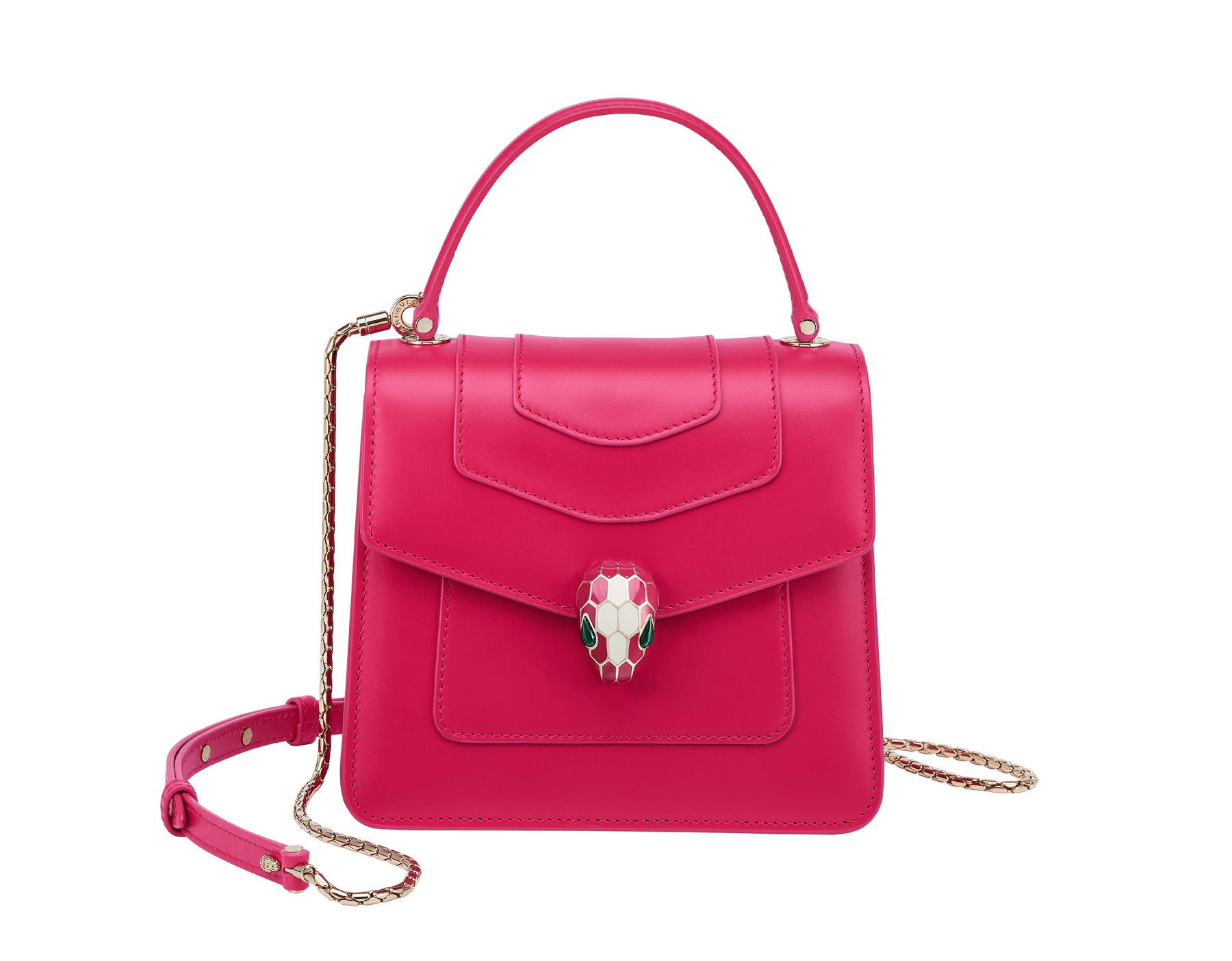 “Serpenti Forever ” top-handle bag in Lavender Amethyst lilac calf leather with Reef Coral red grosgrain inner lining. Iconic snakehead closure in light gold-plated brass embellished with black and white agate enamel and green malachite eyes 1122-CLb image 1