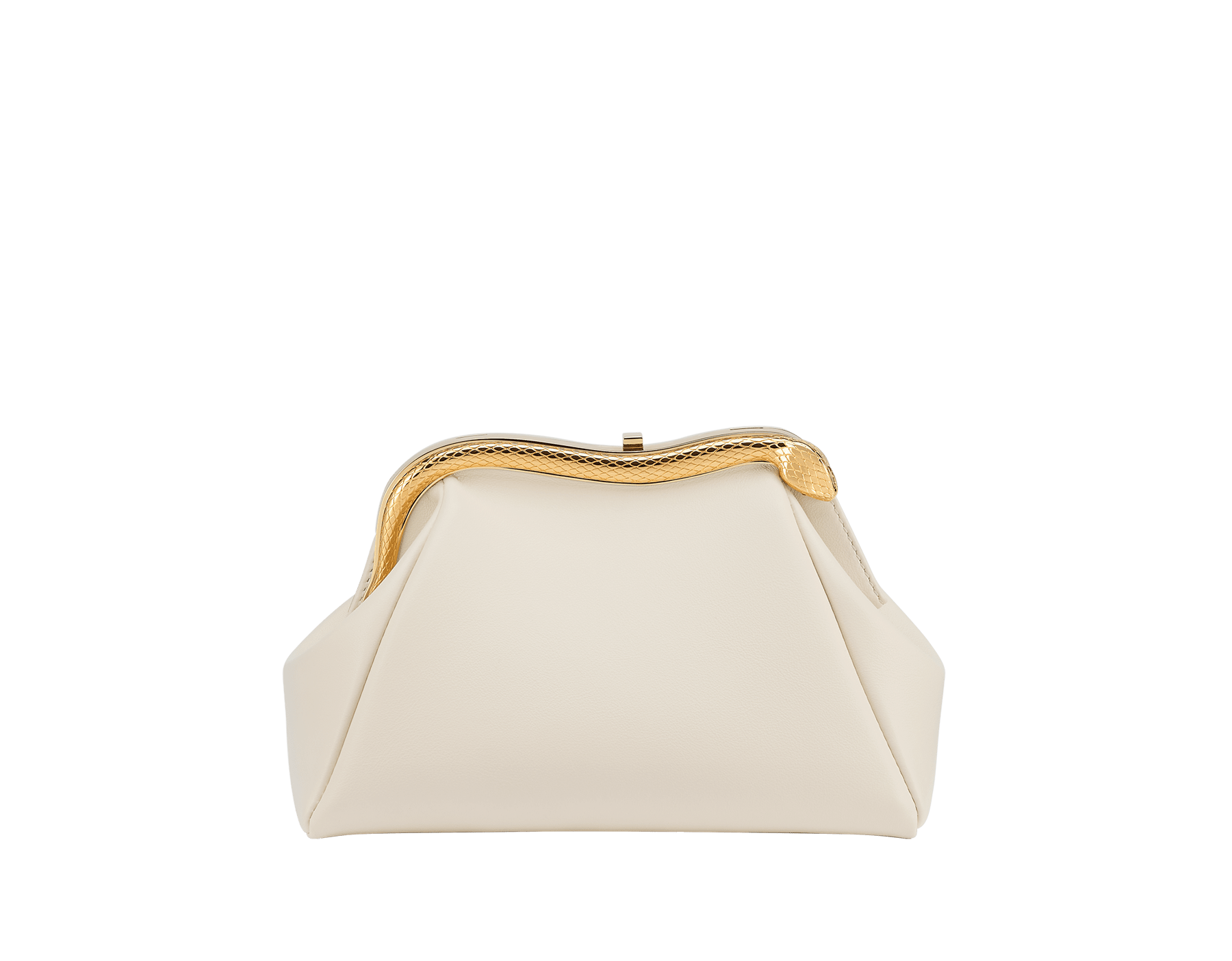Serpentine small pouch in ivory opal smooth calf leather with black nappa leather lining. Captivating snake body-shaped frame in gold-plated brass embellished with engraved scales and red enamel eyes on one side and an ivory opal smooth calf leather insert on the other, and a press button closure. SRN-1239b image 1