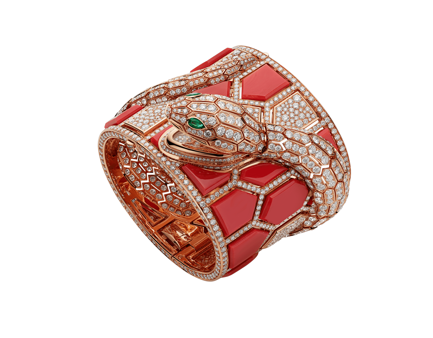 Serpenti Misteriosi Romani watch with 18 kt rose gold handcuff set with coral elements and round brilliant-cut diamonds, body of a snake in 18 kt rose gold set with round brilliant-cut diamonds and two pear-shaped emerald eyes 103189 image 1