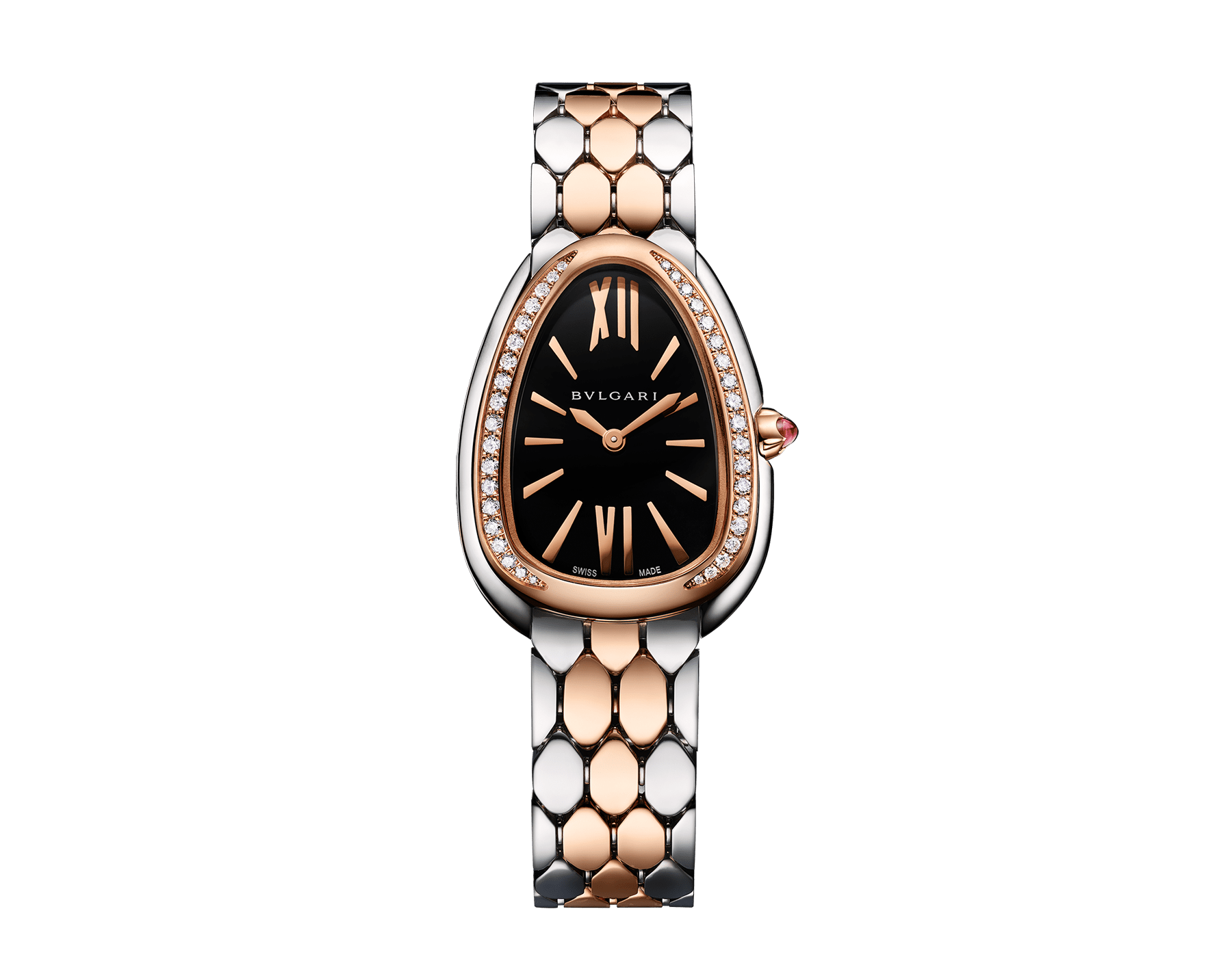 Serpenti Seduttori watch with stainless steel case, 18 kt rose gold bezel set with 38 round brilliant-cut diamonds, black lacquered dial, stainless steel and 18 kt rose gold bracelet with folding buckle. Water-resistant up to 30 metres 103450 image 1