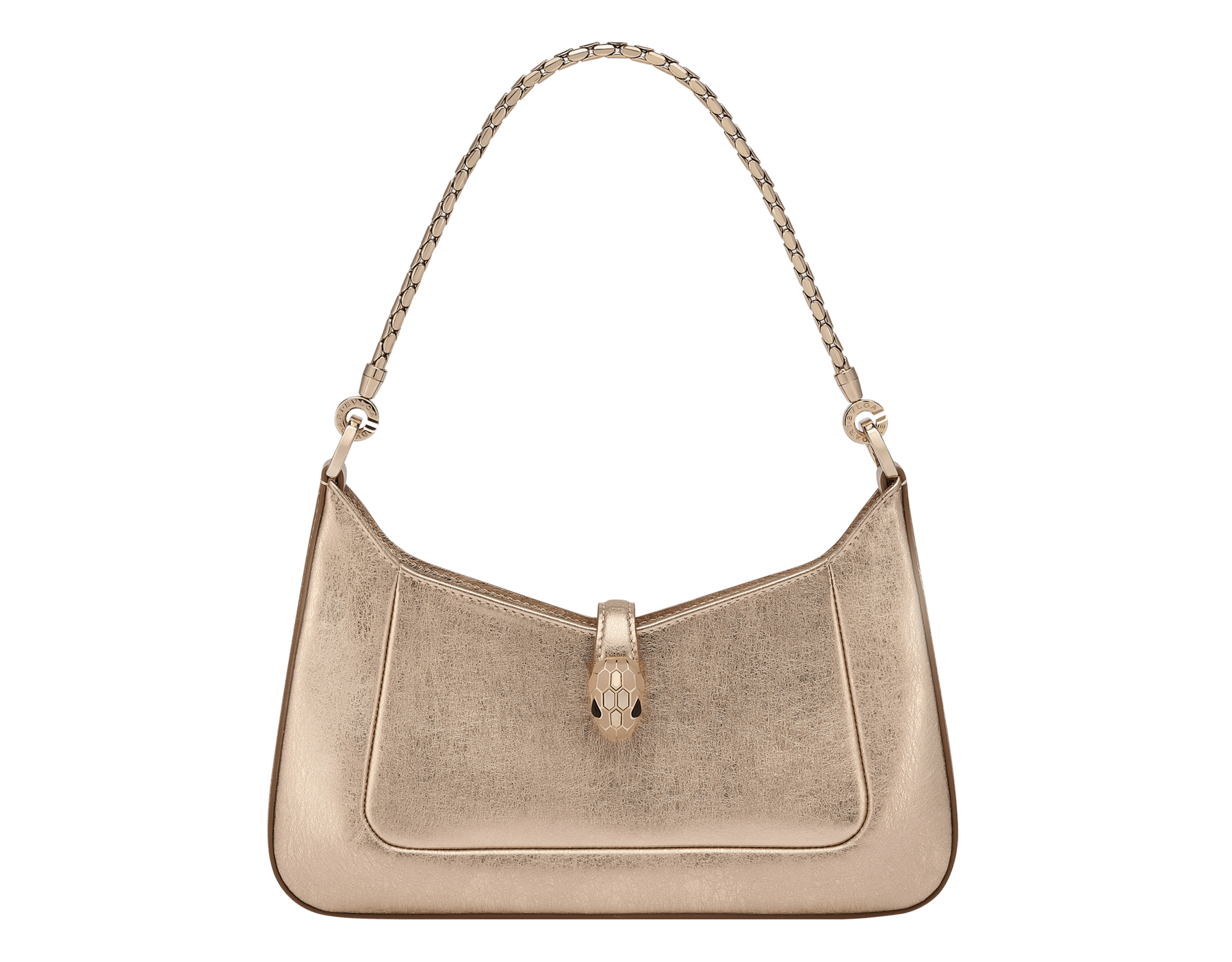 Serpenti Baia small shoulder bag in silver Striated calf leather with foggy opal grey nappa leather lining. Captivating snakehead magnetic closure in light gold-plated brass embellished with brushed grey enamel and light gold-plated brass scales and black onyx eyes; additional zipped top closure. SEA-001-1274S-STRI image 1