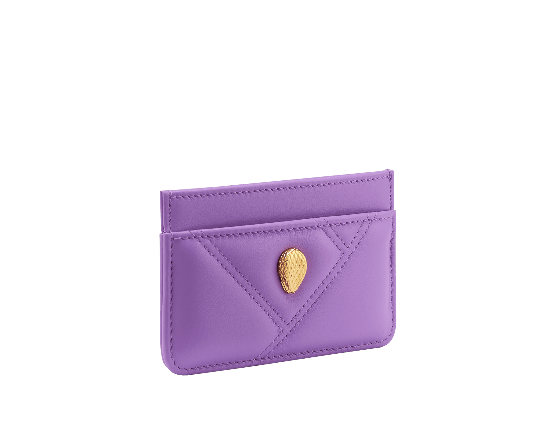 Serpenti Cabochon card holder in sheer amethyst lilac calf leather with a maxi quilted pattern and watercolor opal light blue nappa leather lining. Captivating snakehead rivet in gold-plated brass embellished with red enamel eyes. SCB-CCHOLDERa image 1