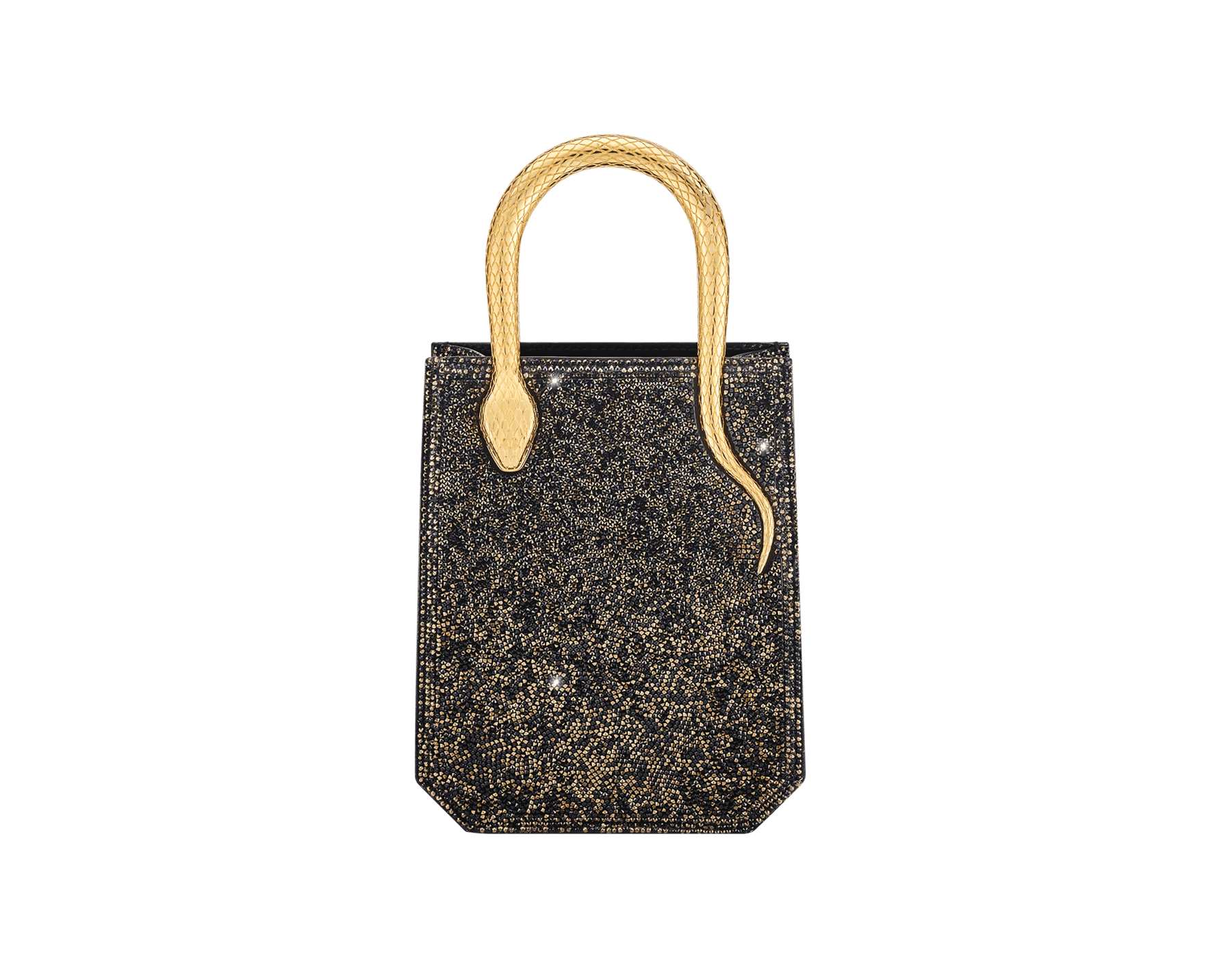 Serpentine mini tote bag in black with black crystals inserts hand-set on suede leather and black nappa leather lining. Captivating snake body-shaped handles in light gold-plated brass embellished with engraved scales and red enamel eyes. 293916 image 1