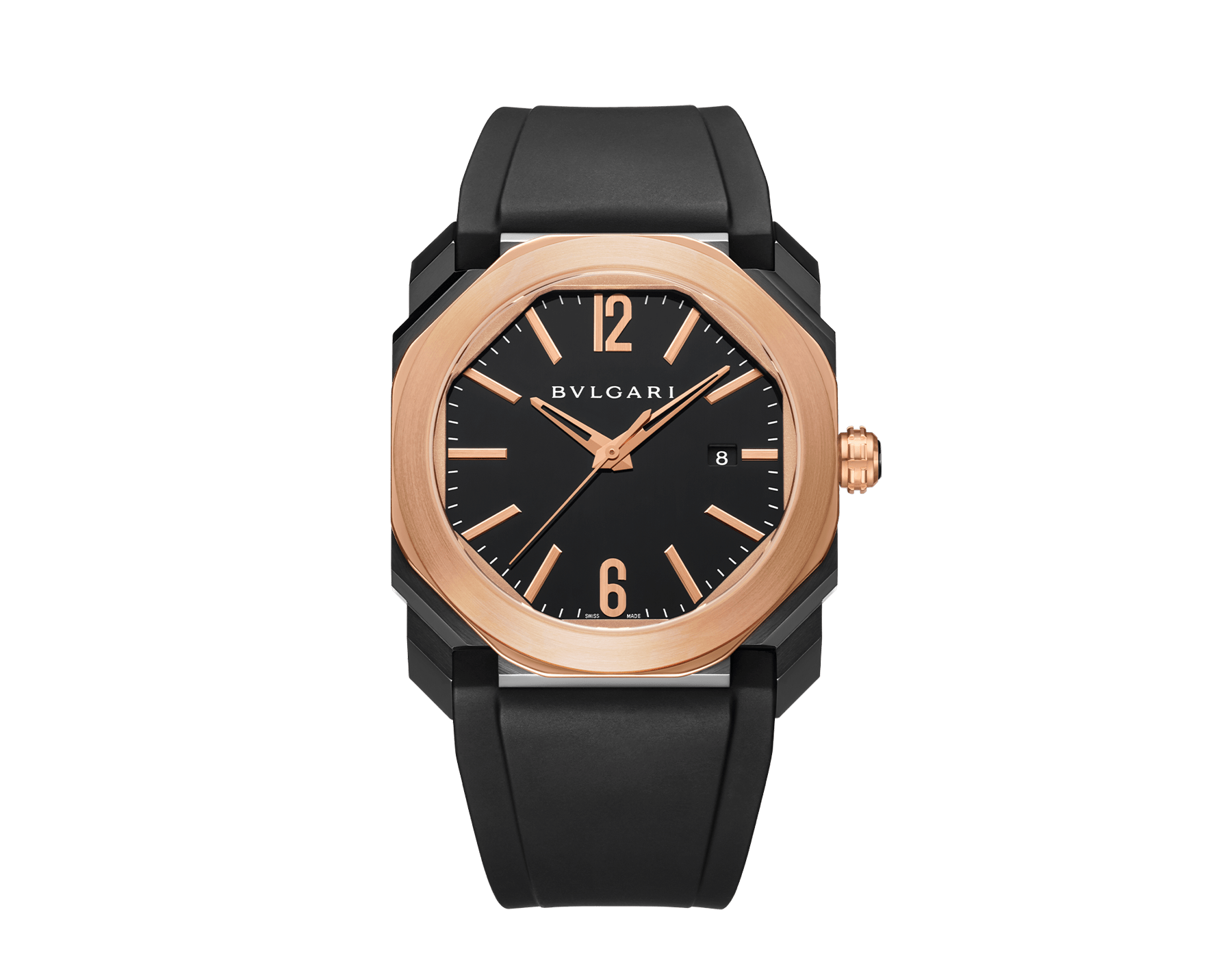 Octo watch with mechanical manufacture movement, automatic winding and date, stainless steel case treated with black Diamond Like Carbon, 18 kt rose gold bezel, black lacquered dial and black rubber bracelet. 102485 image 1