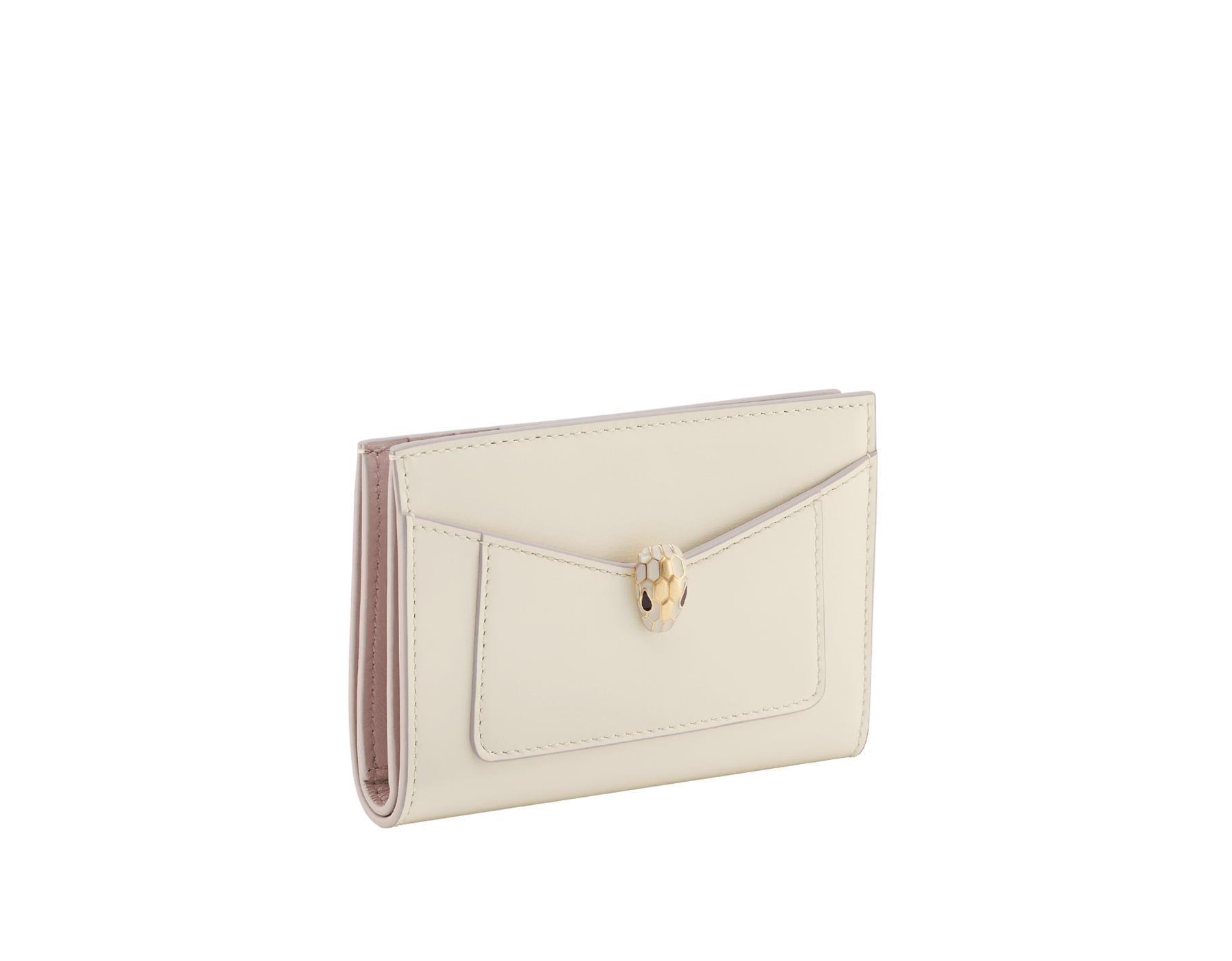 Serpenti Forever folded card holder in light gold Striated calf leather with linen agate nappa leather interior. Captivating snakehead décor in light gold-plated brass embellished with champagne enamel and light gold-plated brass scales, and black enamel eyes; press-button closure. SEA-CC-HOLD-FOLD-R image 1
