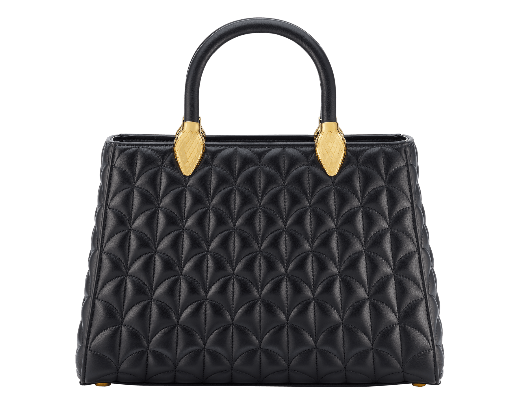 Serpentine Day Duo top handle bag in black calf leather with Calla matelassé motif and black nappa leather lining. Captivating double-head snake body-shaped handles in gold-plated brass embellished with matching calf leather inserts. SRN-001-1315M image 1