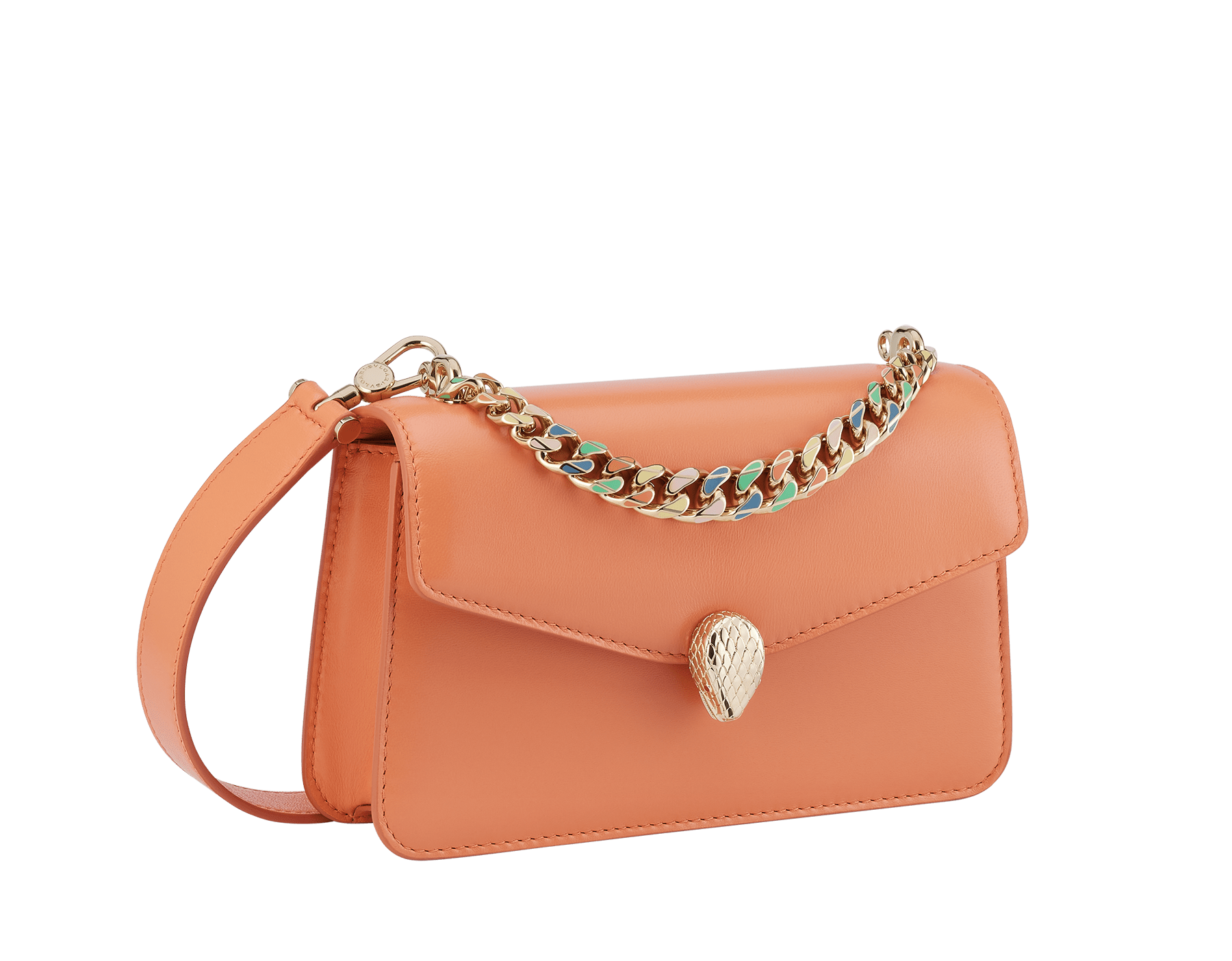 "Serpenti Forever" maxi chain pochette in Blush Quartz pink calf leather and Deep Garnet burgundy nappa leather. New Serpenti head closure in gold-plated brass, finished with red enamel eyes. SEA-XLCHAINPOUCH image 1